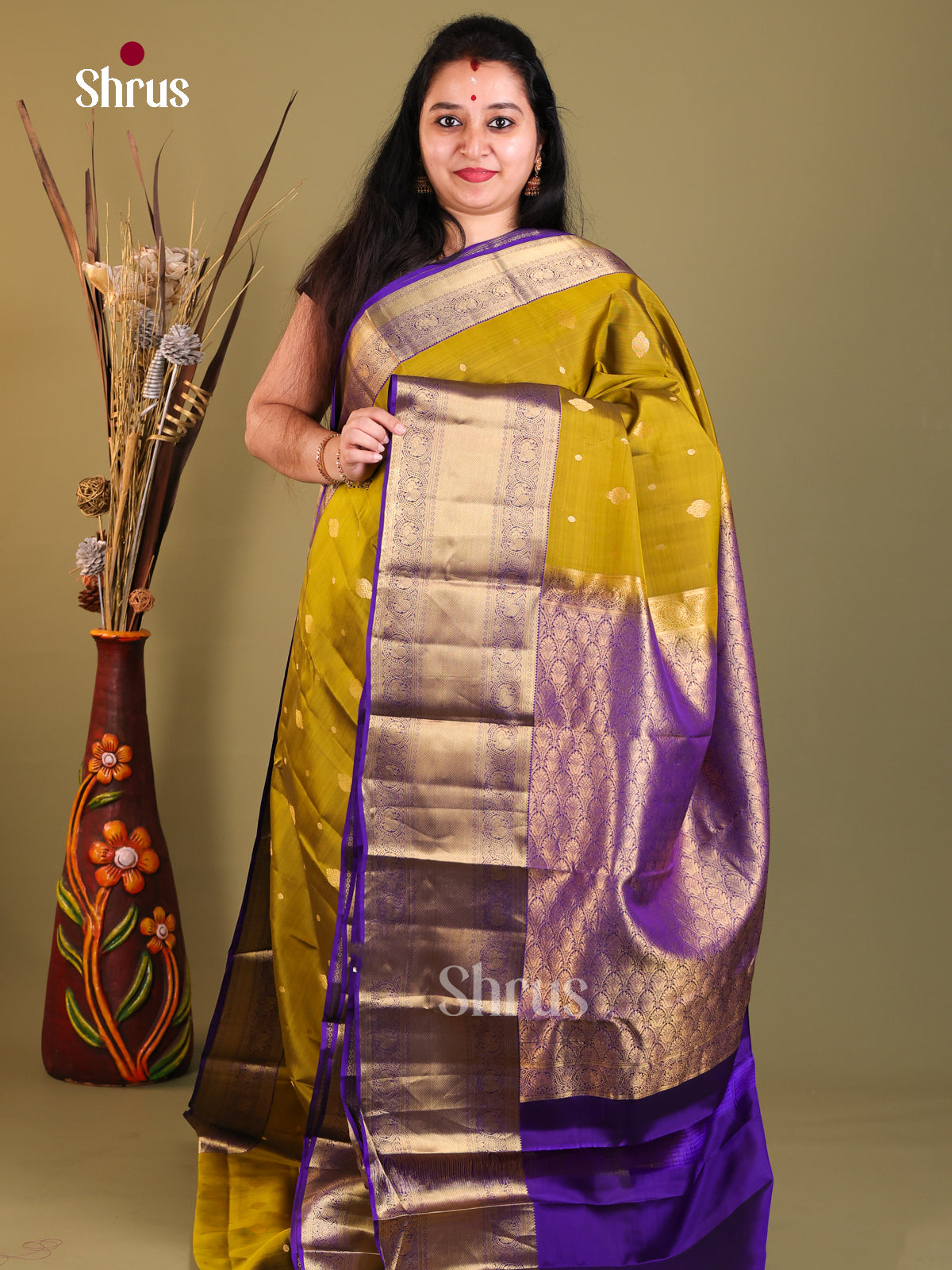 Mehandi Green & Blue - Kanchipuram-halfpure Saree - Shop on Shrus.com