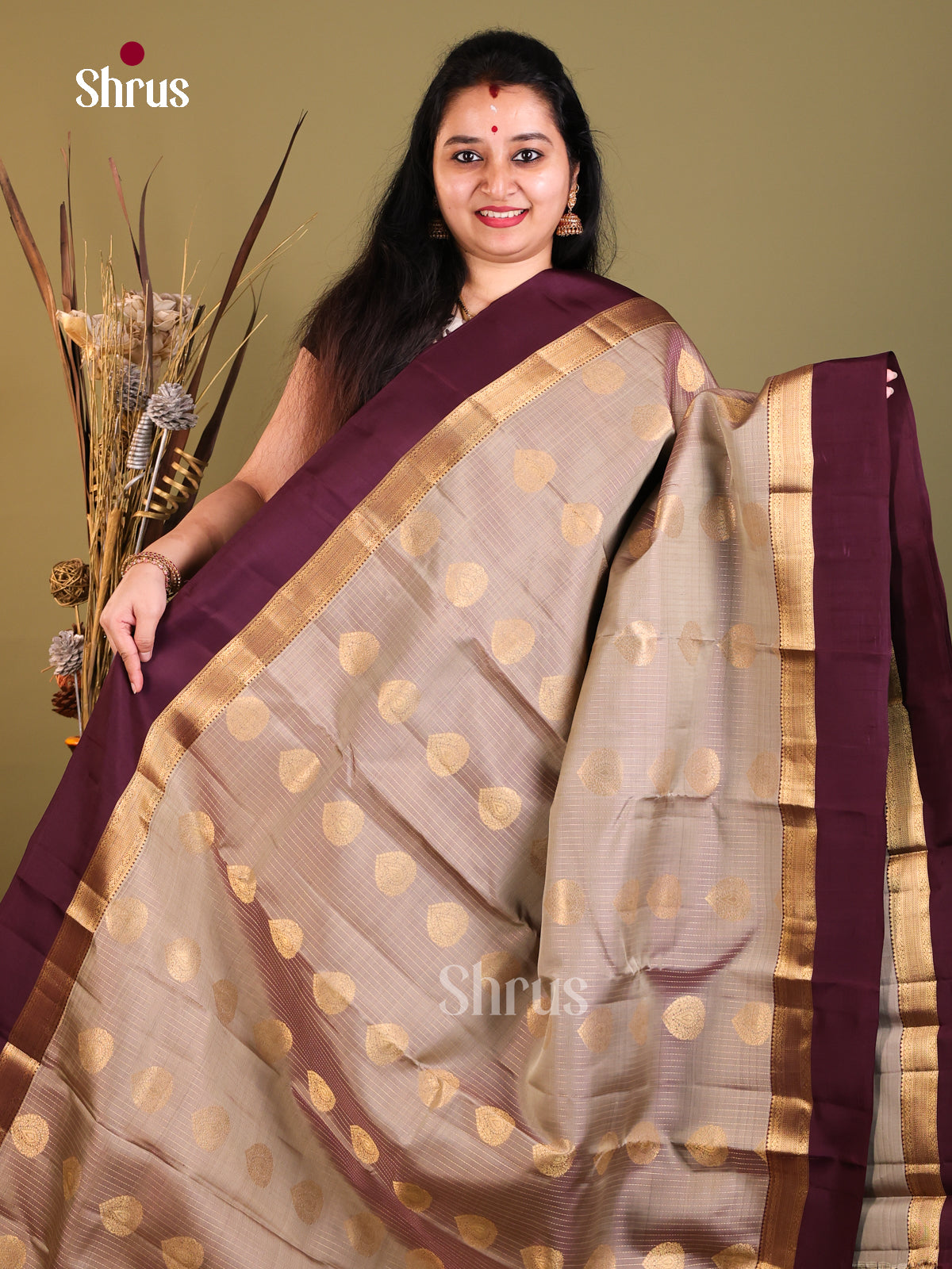 Grey & Purple - Kanchipuram-halfpure Saree - Shop on Shrus.com