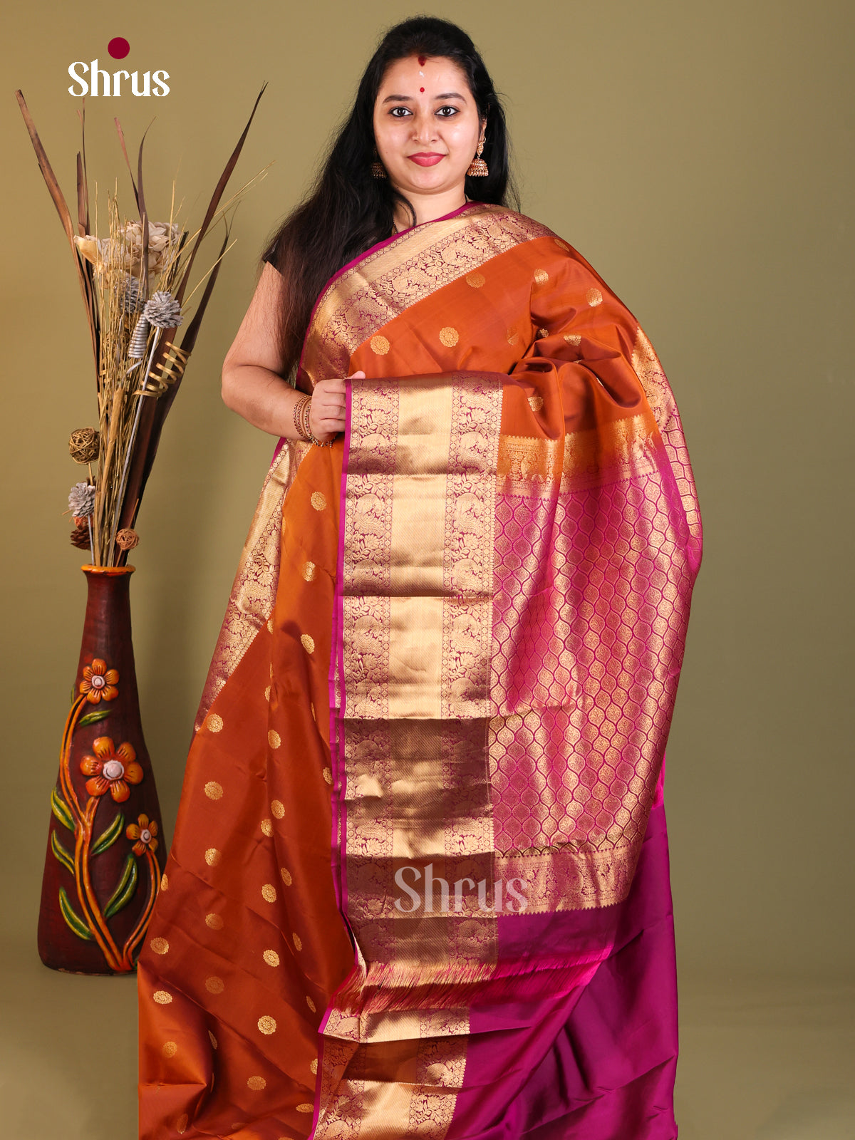 Rust & Purple- Kanchipuram-halfpure Saree - Shop on Shrus.com
