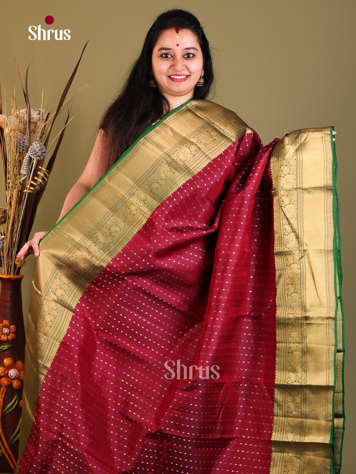 maroon & Green - Kanchipuram-halfpure Saree - Shop on Shrus.com