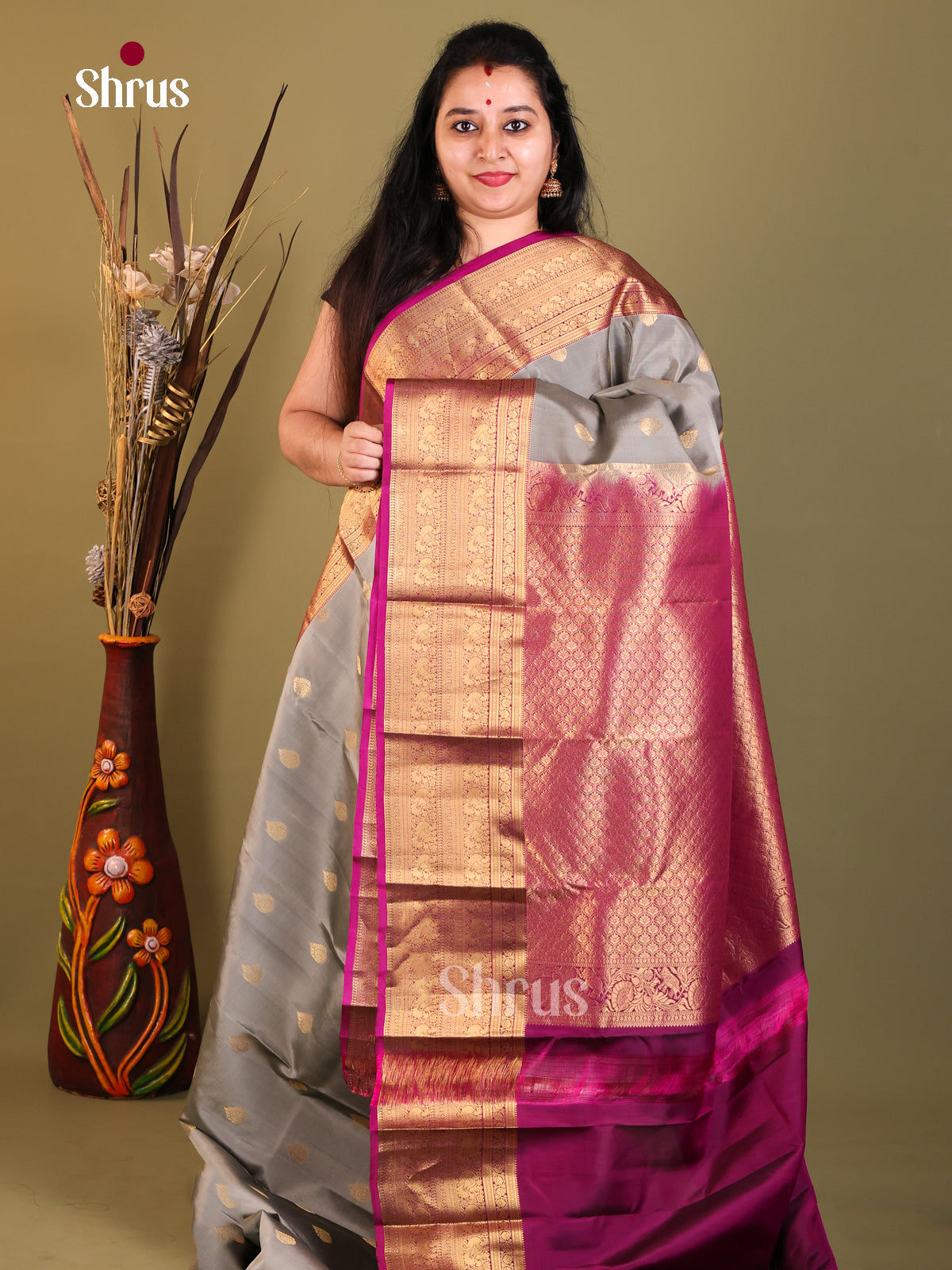 Grey & Purple- Kanchipuram-halfpure Saree - Shop on Shrus.com