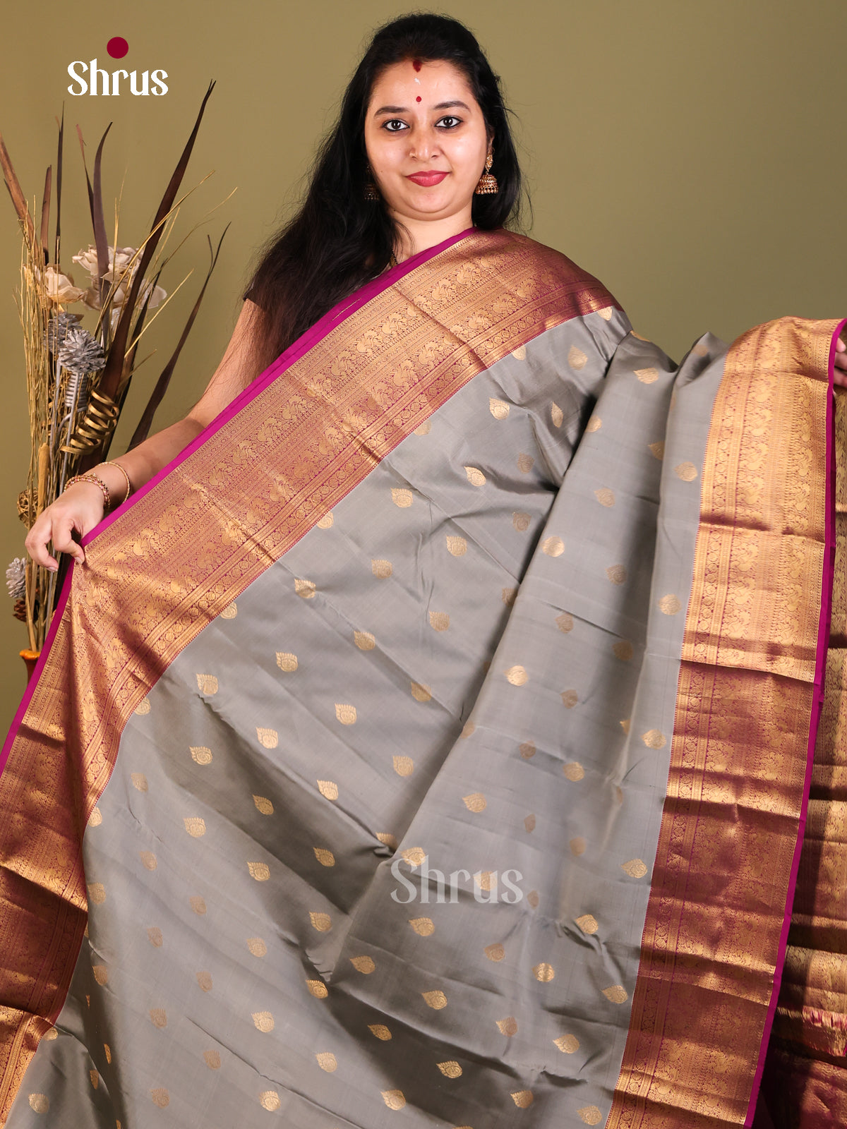 Grey & Purple- Kanchipuram-halfpure Saree - Shop on Shrus.com