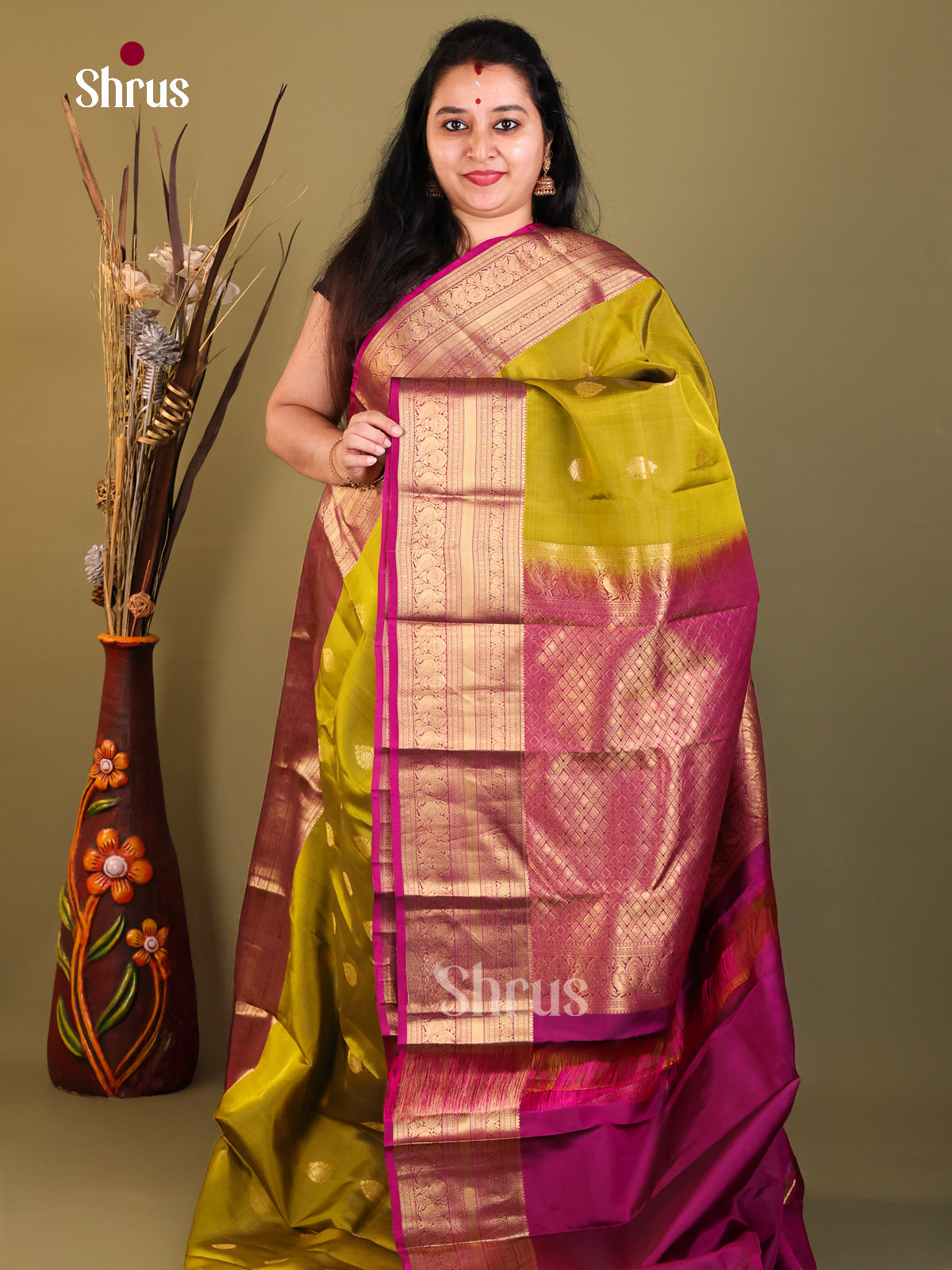 Mehandi Green & Purple - Kanchipuram-halfpure Saree - Shop on Shrus.com