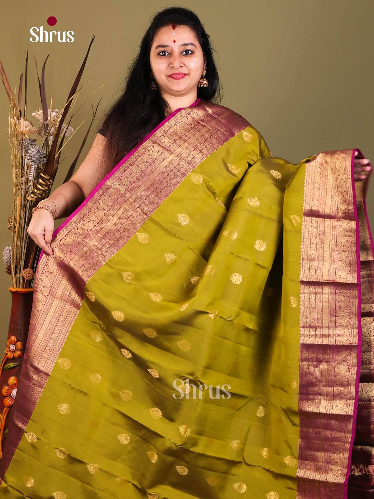 Mehandi Green & Purple - Kanchipuram-halfpure Saree - Shop on Shrus.com