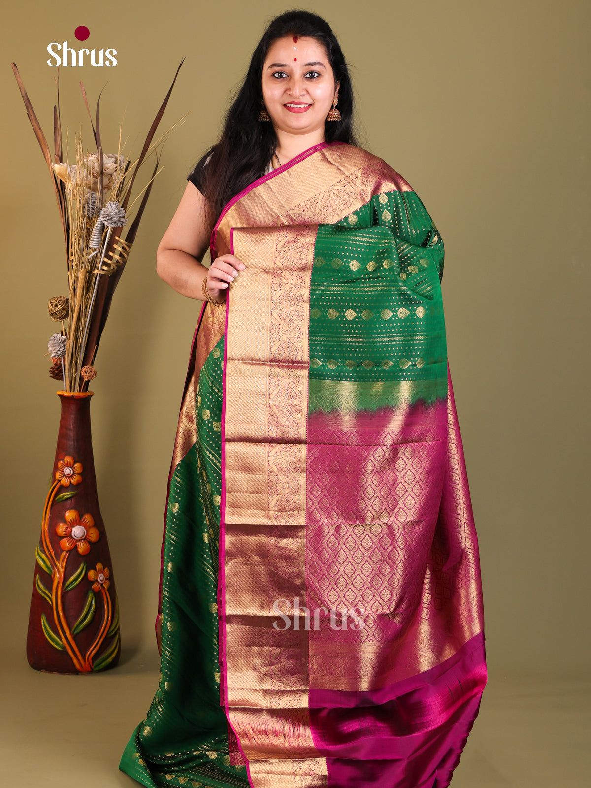 Green & Purple- Kanchipuram-halfpure Saree - Shop on Shrus.com