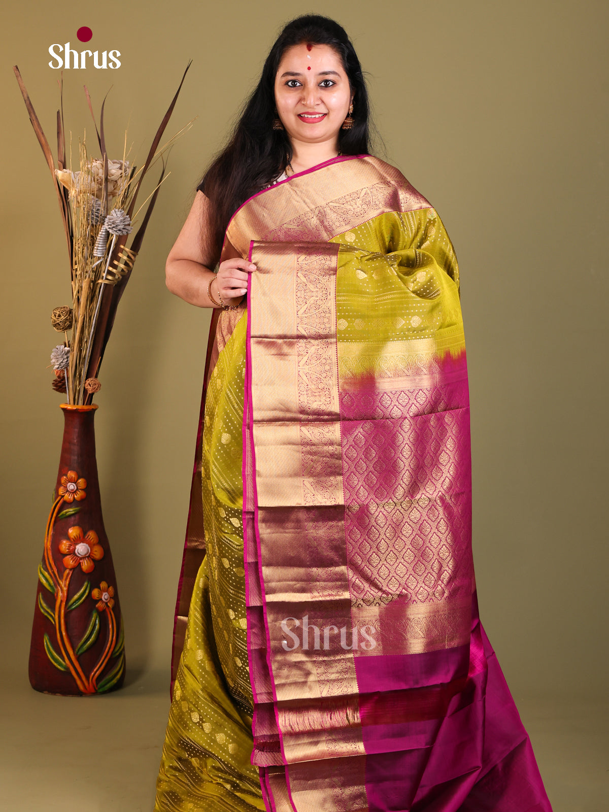 Mehandi Green & Purple - Kanchipuram-halfpure Saree - Shop on Shrus.com