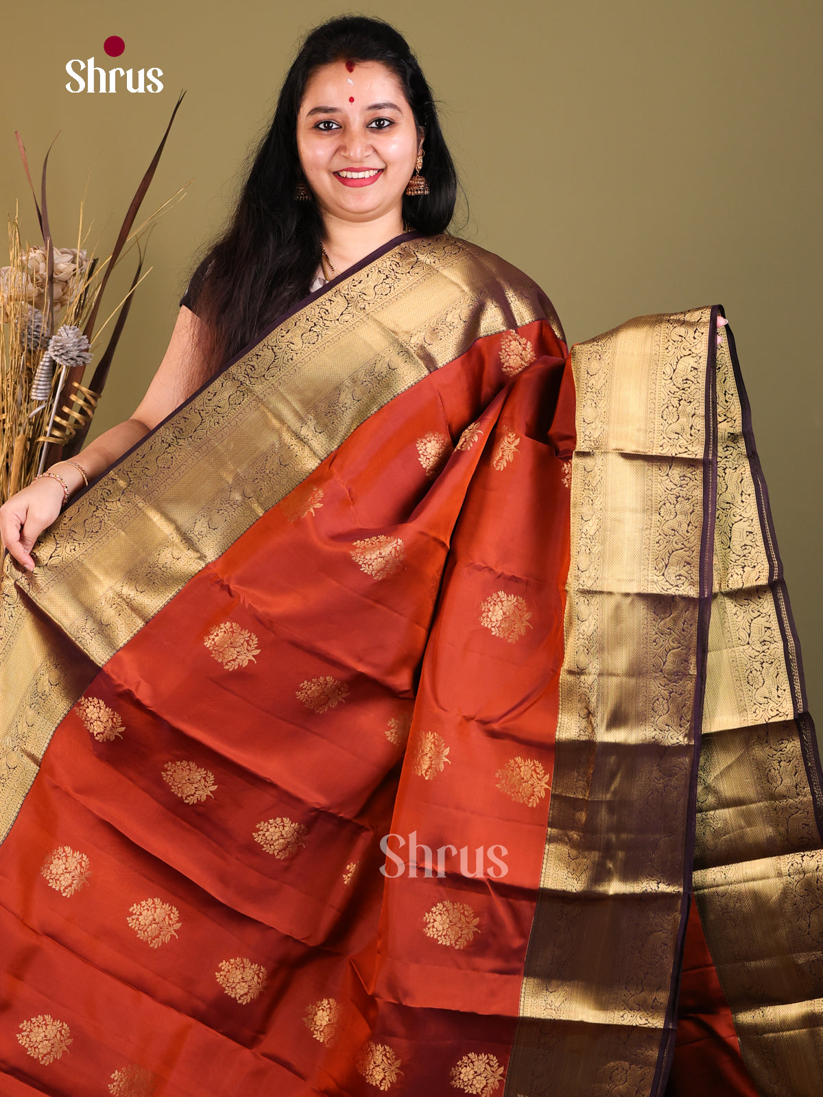 Rust & Jamun- Kanchipuram-halfpure Saree - Shop on Shrus.com