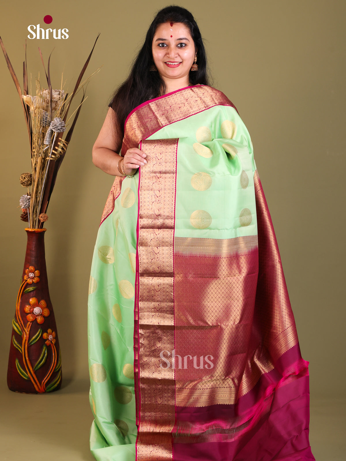 Pista Green & Purple - Kanchipuram-halfpure Saree - Shop on Shrus.com