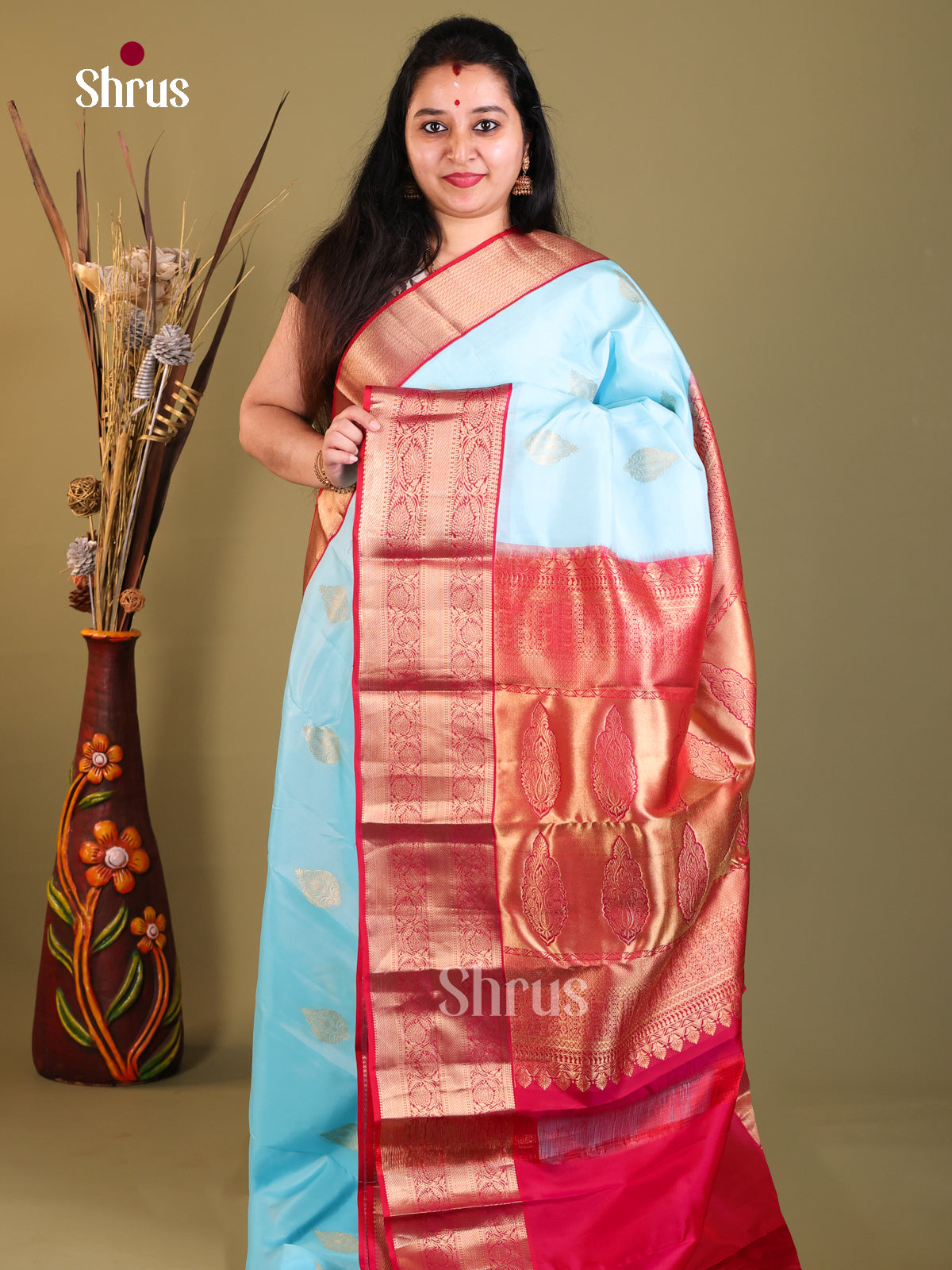 Pastel Blue & Red - Kanchipuram-halfpure Saree - Shop on Shrus.com