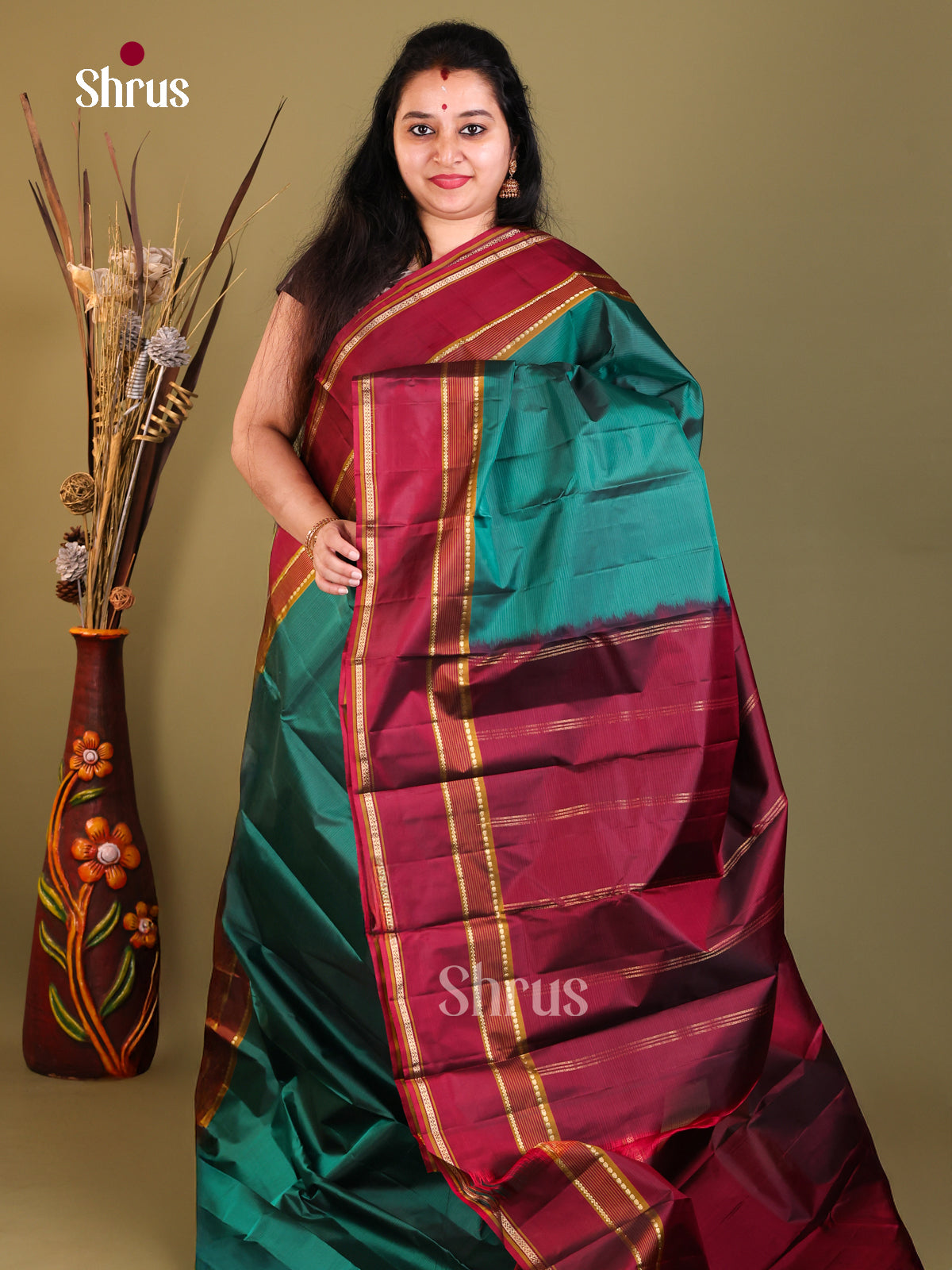 Bottle green and marron Kanchipuram silk Saree