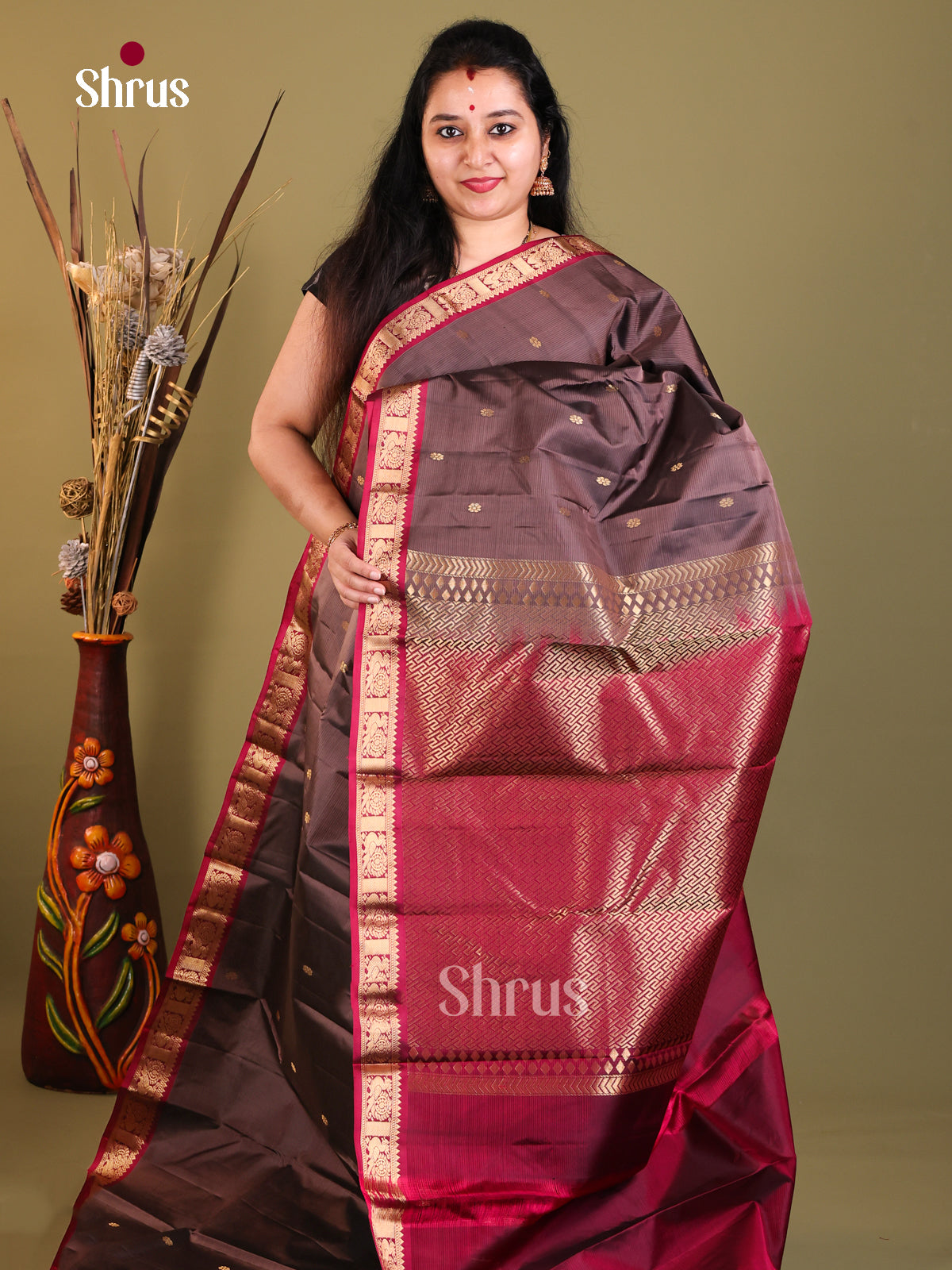Brown and red Kanchipuram Butta design Saree