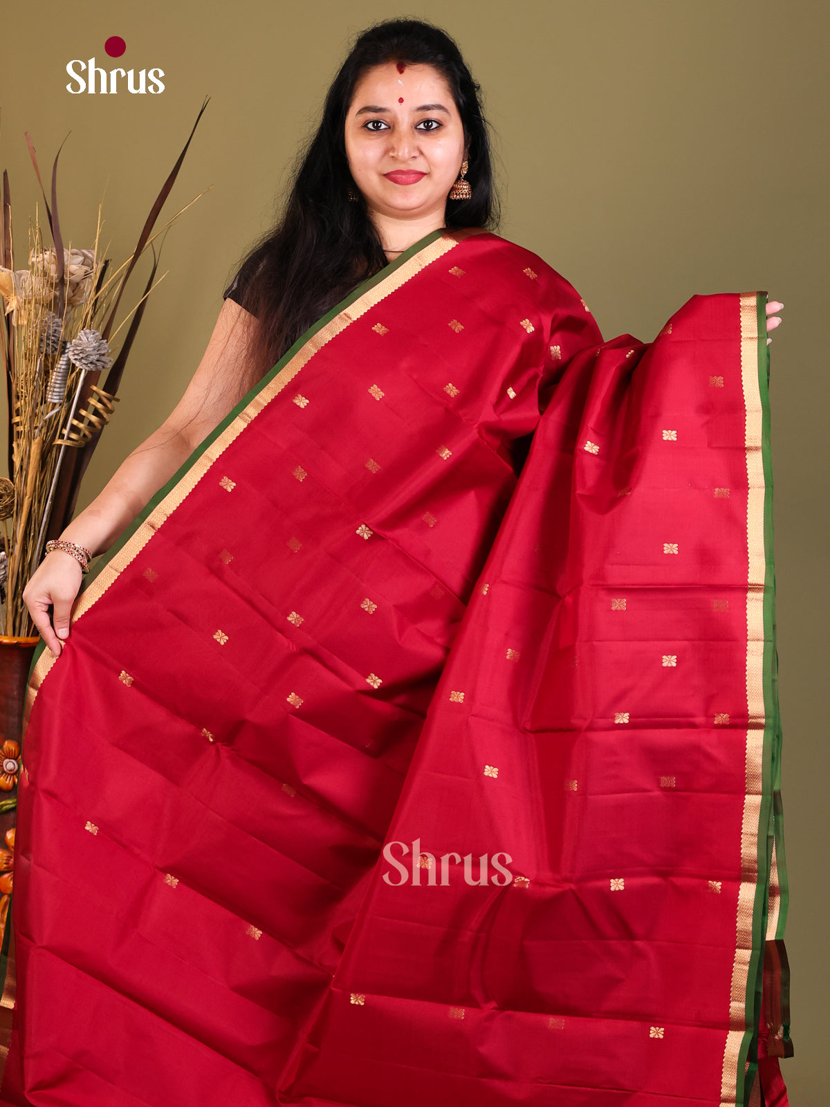 Red gold green Kanchipuram Butta design Saree -1