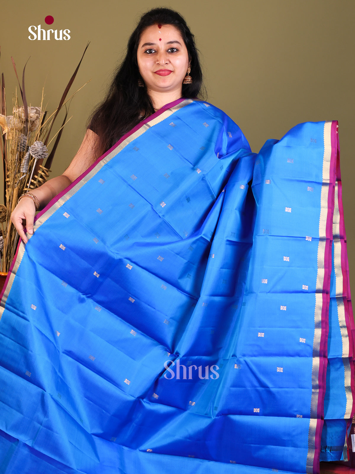 Blue and purple Kanchipuram Butta design Saree-1