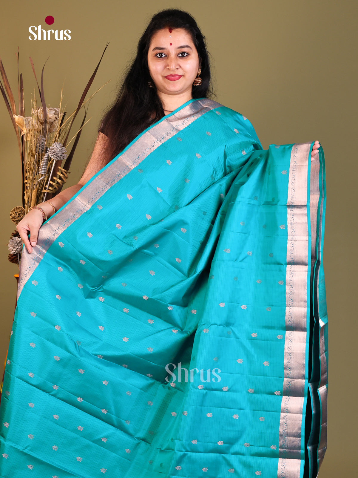 shiny full Blue Kanchipuram Butta design Saree -1