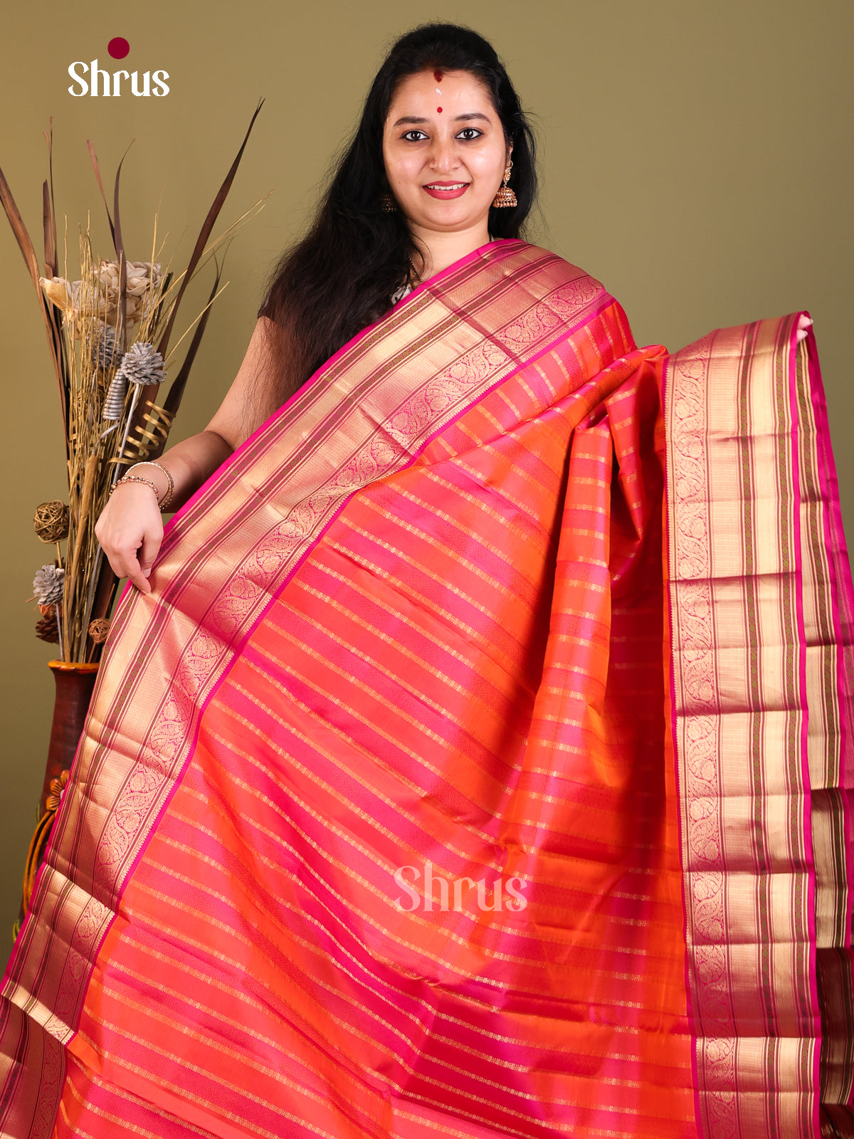 Orange & Purple  Kanchipuram Silk Saree with graceful zari stripes - Shop on Shrus.com
