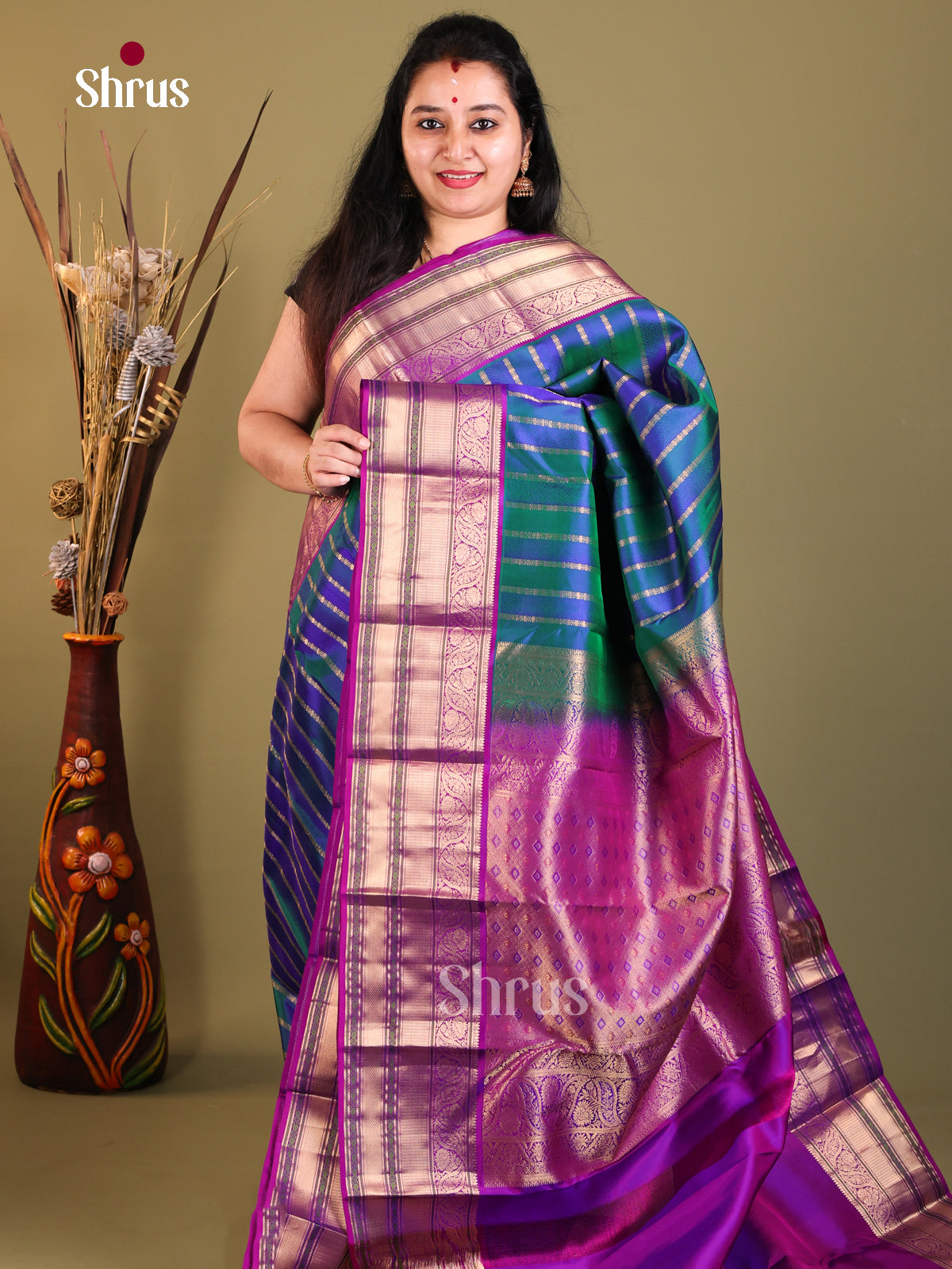 green blue and purple with big border  Kanchipuram Butta design Saree