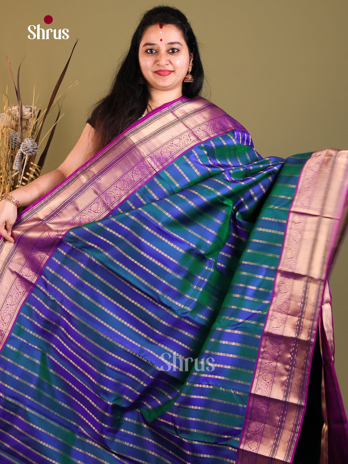 green blue and purple with big border  Kanchipuram Butta design Saree -1