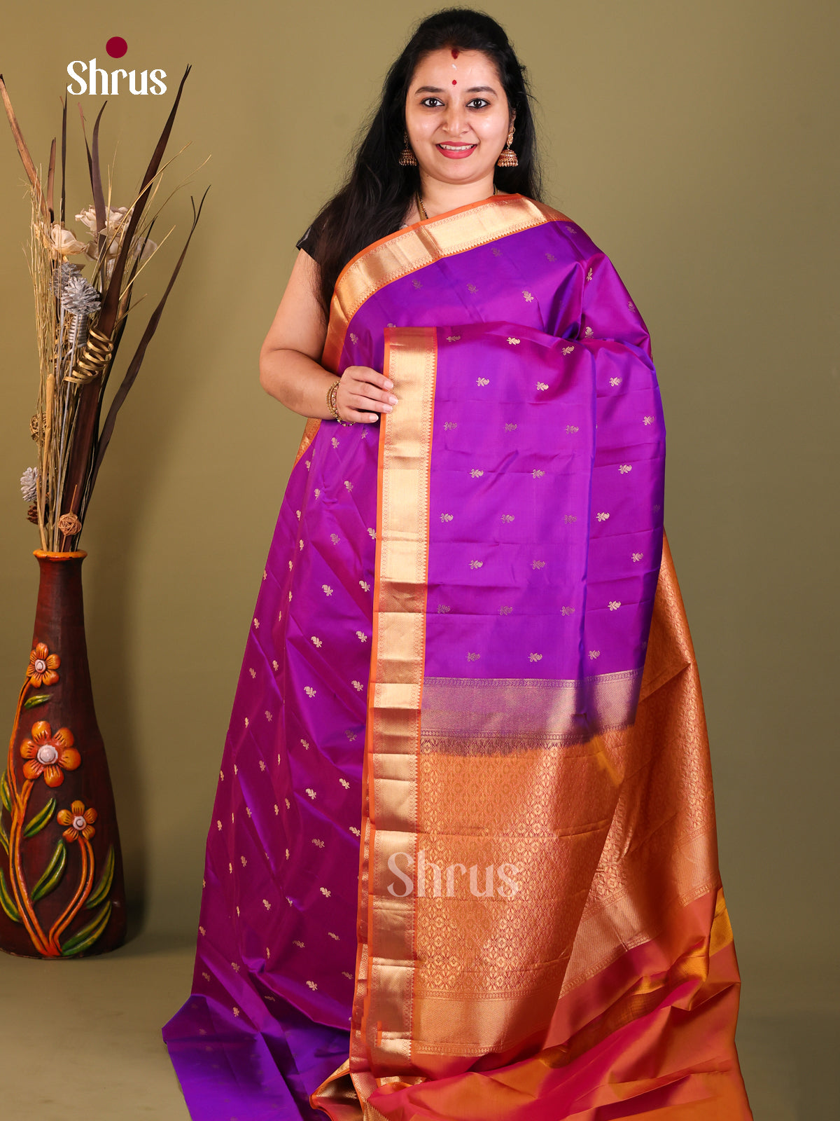 purple orange Kanchipuram Butta design Saree 