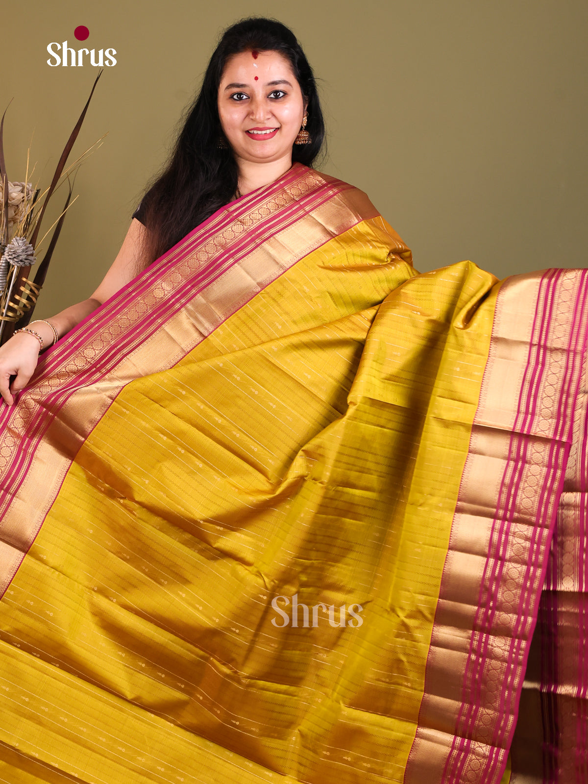 Mustard yellow and pink Kanchipuram Butta design Saree -1