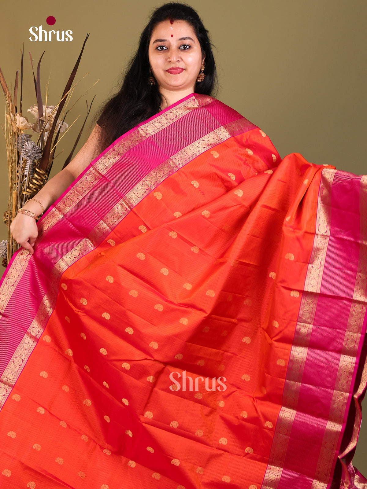 Radiant orange and red  Kanchipuram Butta design Saree -1