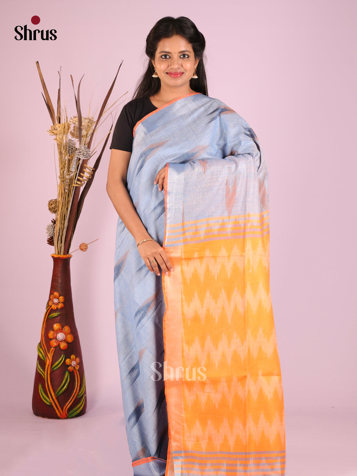 Light Blue & Peach- Semi Ikkat Saree - Shop on Shrus.com