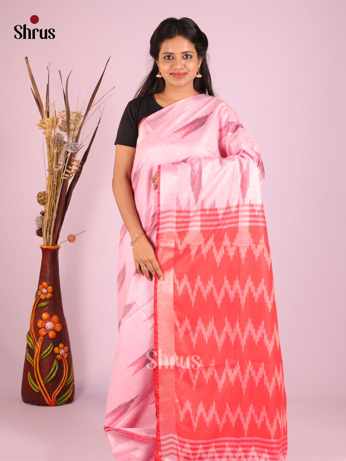 Pink & Red - Semi Ikkat Saree - Shop on Shrus.com