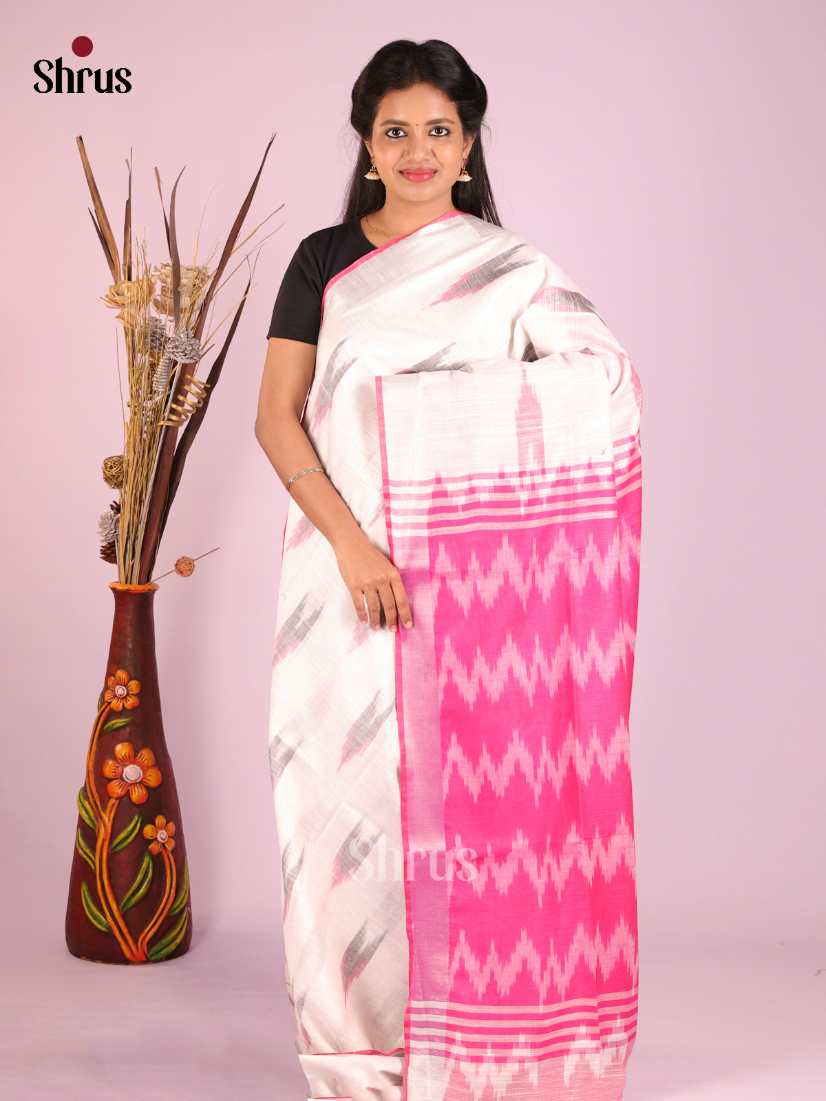 Cream & Pink - Semi Ikkat Saree