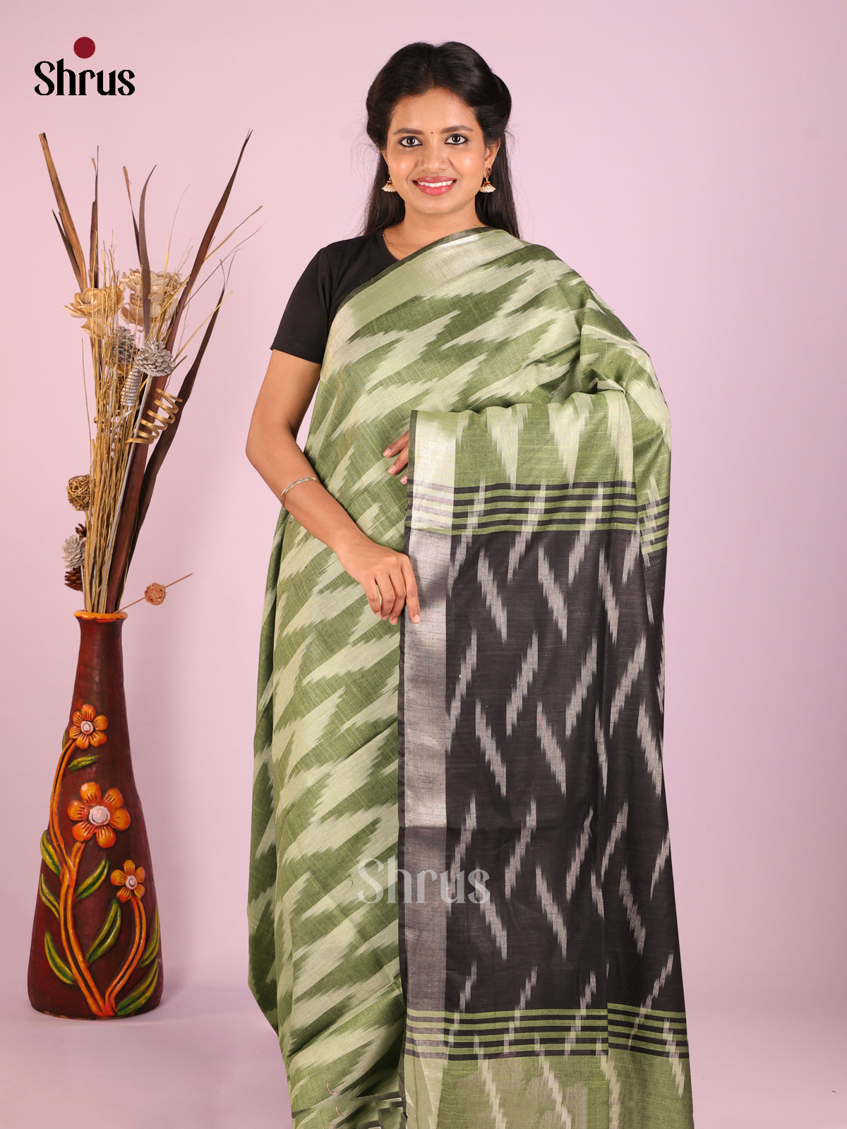Green & Black- Semi Ikkat Saree - Shop on Shrus.com