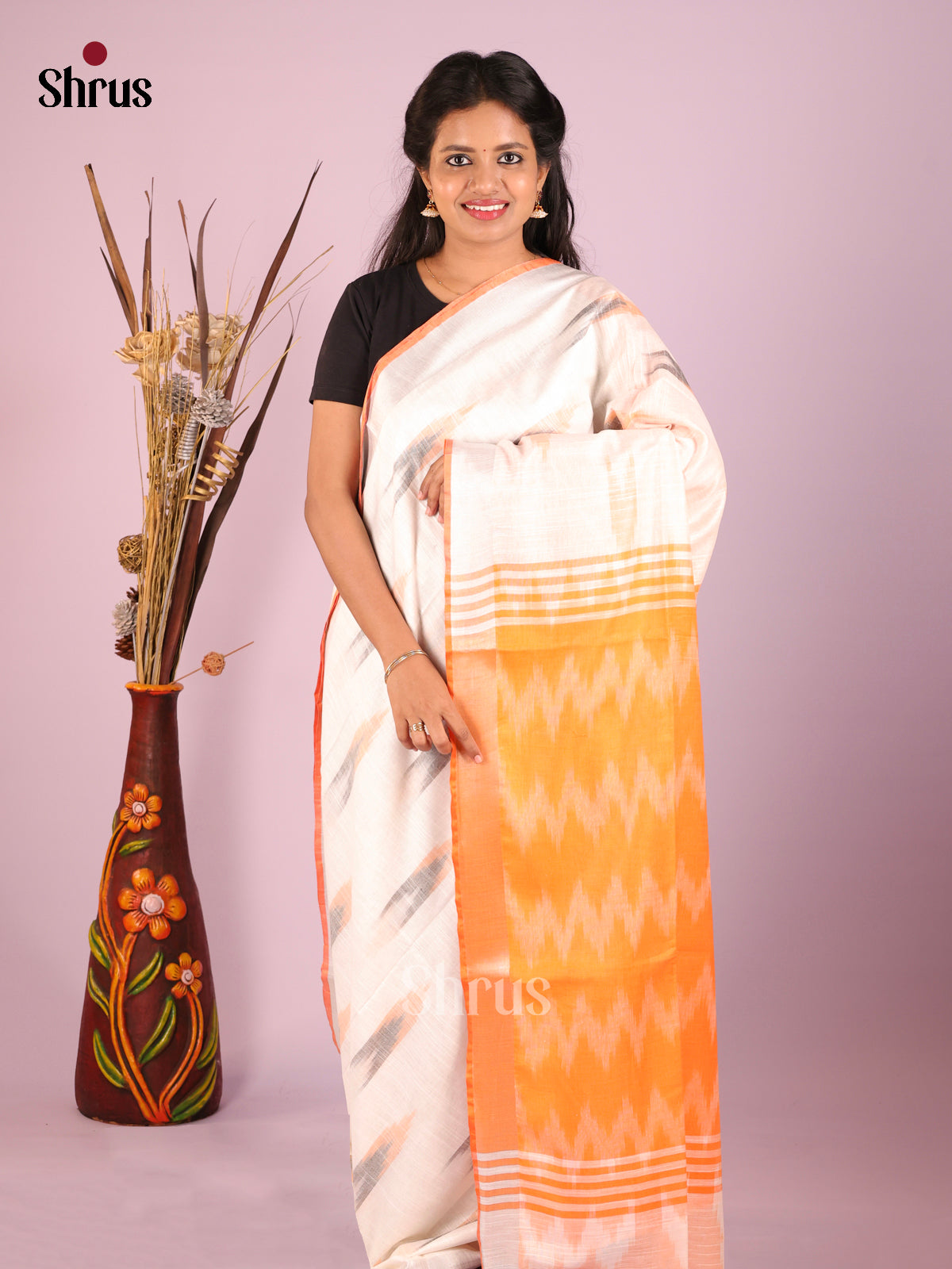 Cream & Orange - Semi Ikkat Saree