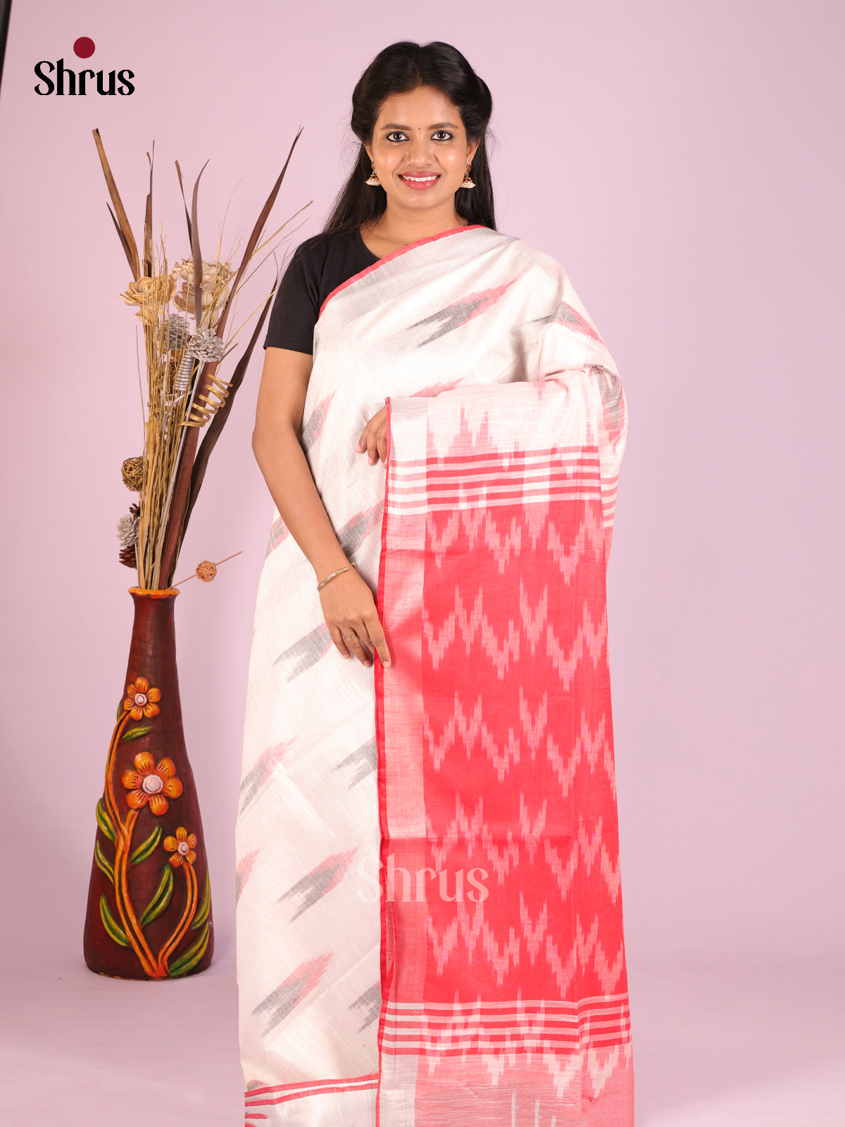 White & Red - Semi Ikkat Saree - Shop on Shrus.com