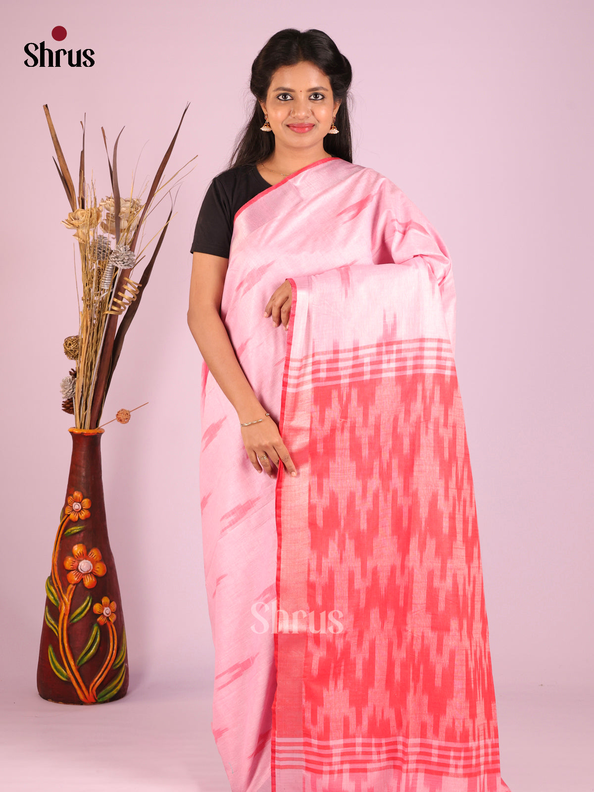 Pink & Red - Semi Ikkat Saree - Shop on Shrus.com