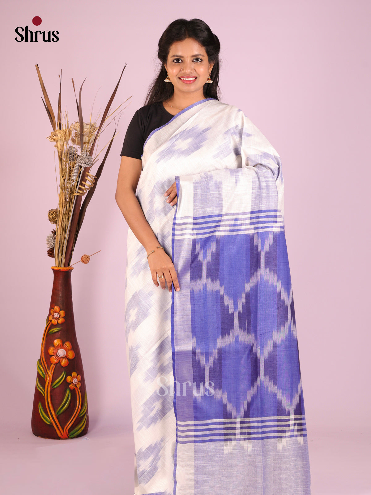 White & Blue - Semi Ikkat Saree - Shop on Shrus.com