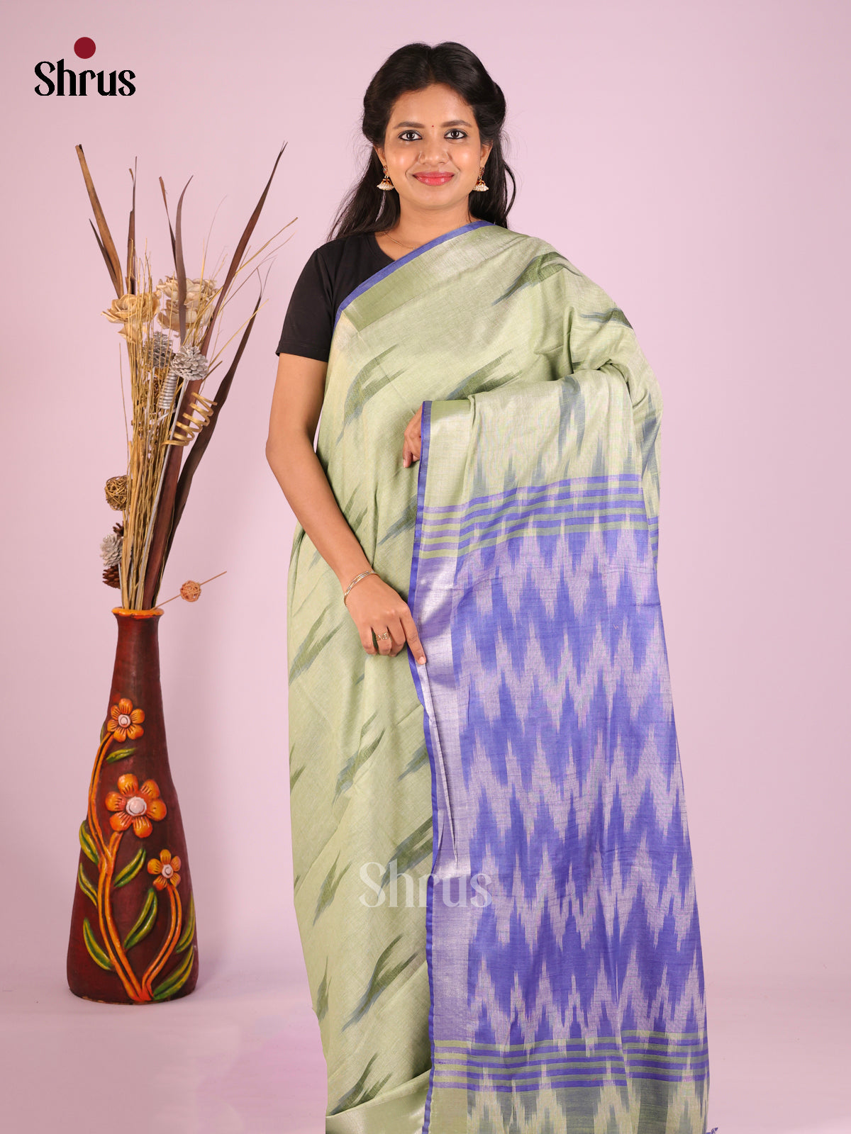 Pista Green & Purple- Semi Ikkat Saree - Shop on Shrus.com