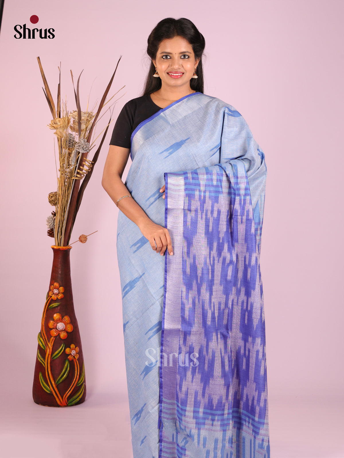 Light Blue & Purple- Semi Ikkat Saree - Shop on Shrus.com