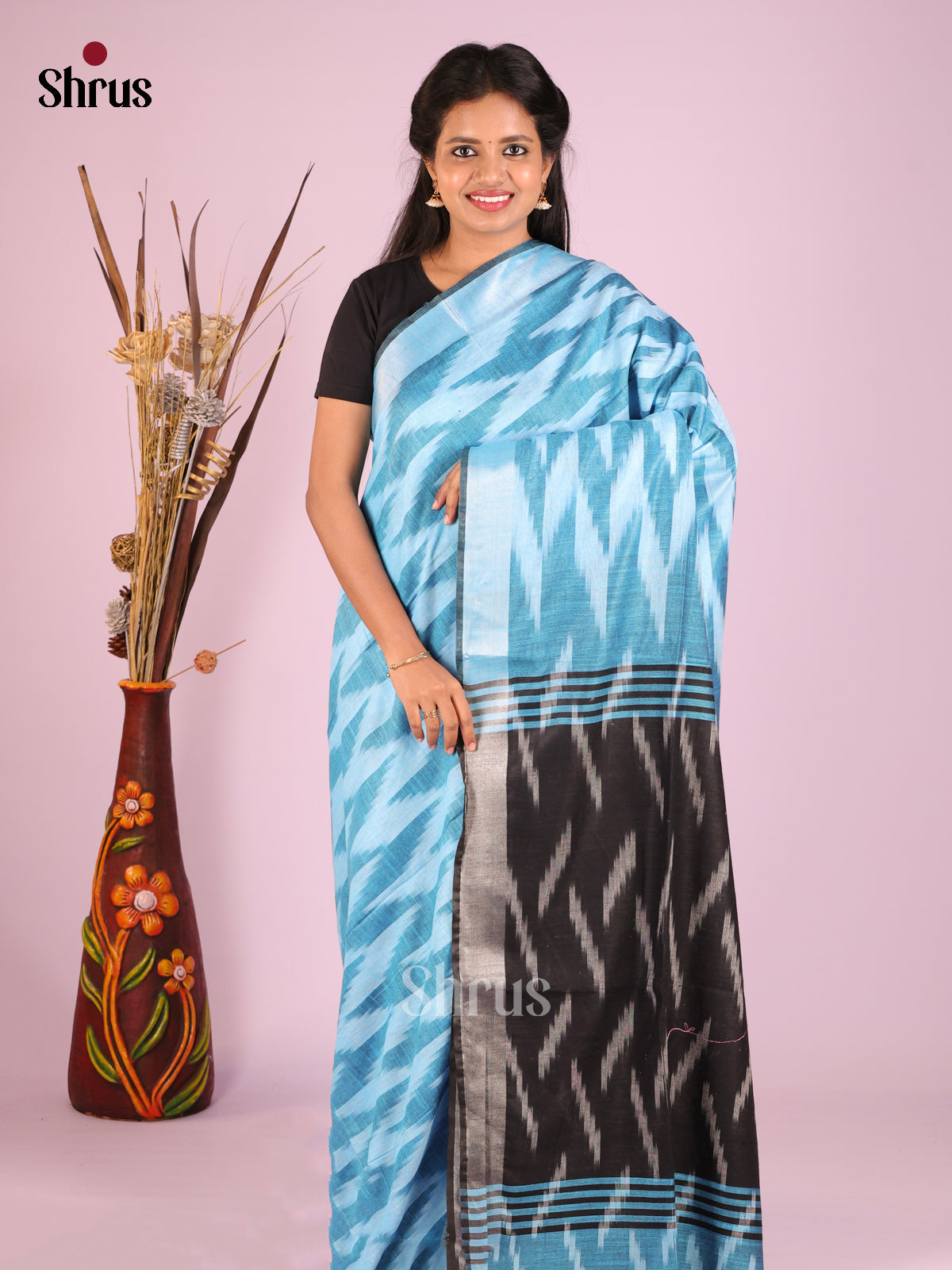 Sky Blue & Black - Semi Ikkat Saree - Shop on Shrus.com