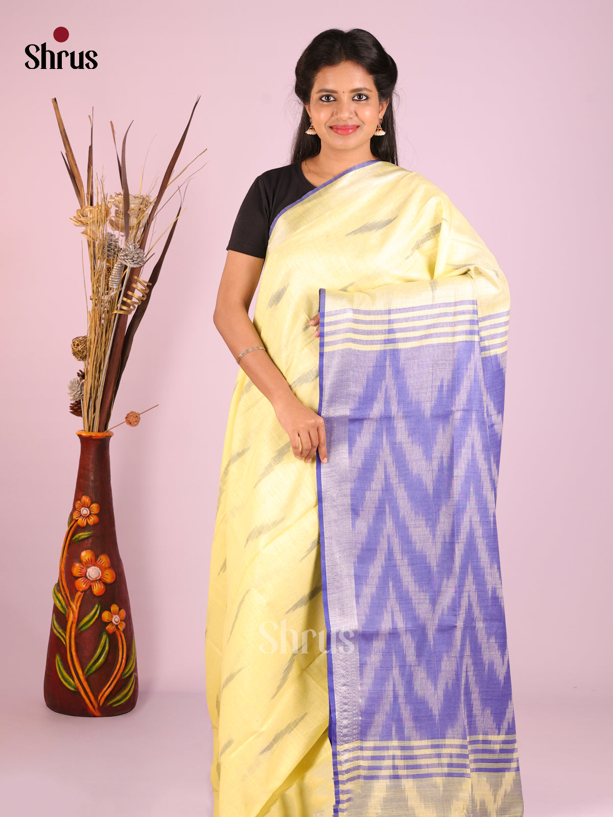 Yellow & Purple - Semi Ikkat Saree - Shop on Shrus.com