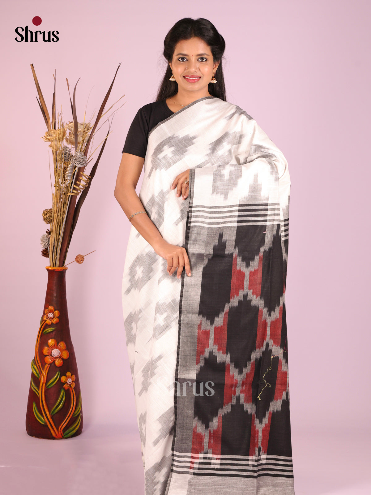 White & Black - Semi Ikkat Saree - Shop on Shrus.com