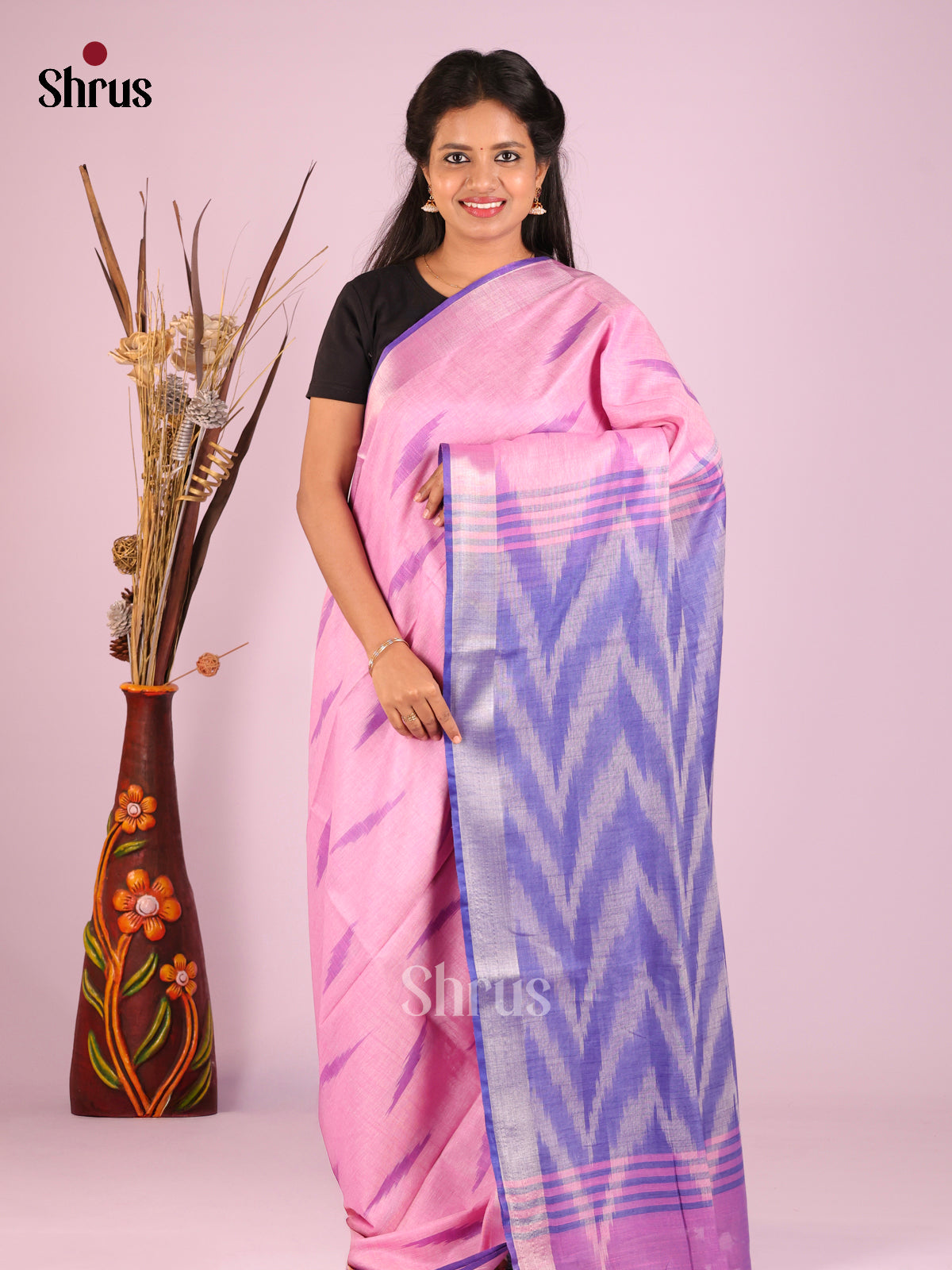 Pink & Purple - Semi Ikkat Saree - Shop on Shrus.com