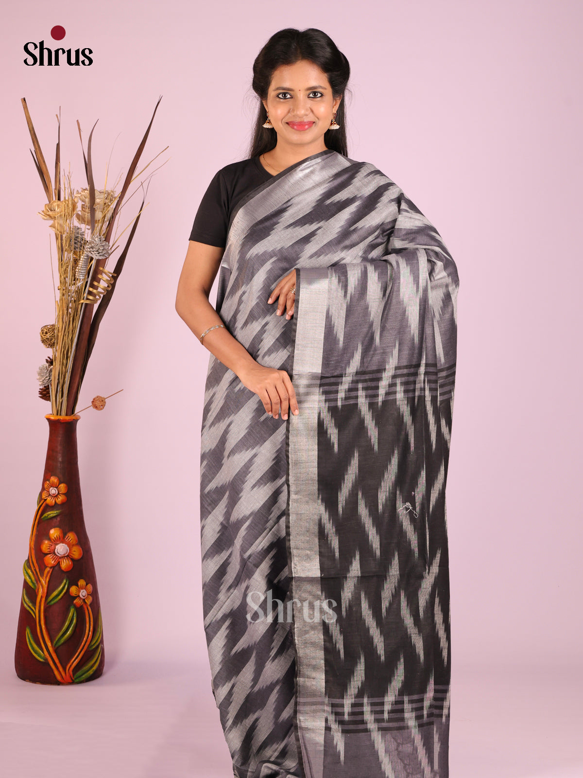 Grey& Black - Semi Ikkat Saree - Shop on Shrus.com