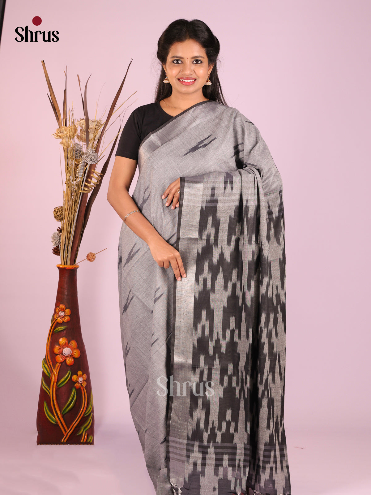 Grey & Black - Semi Ikkat Saree - Shop on Shrus.com