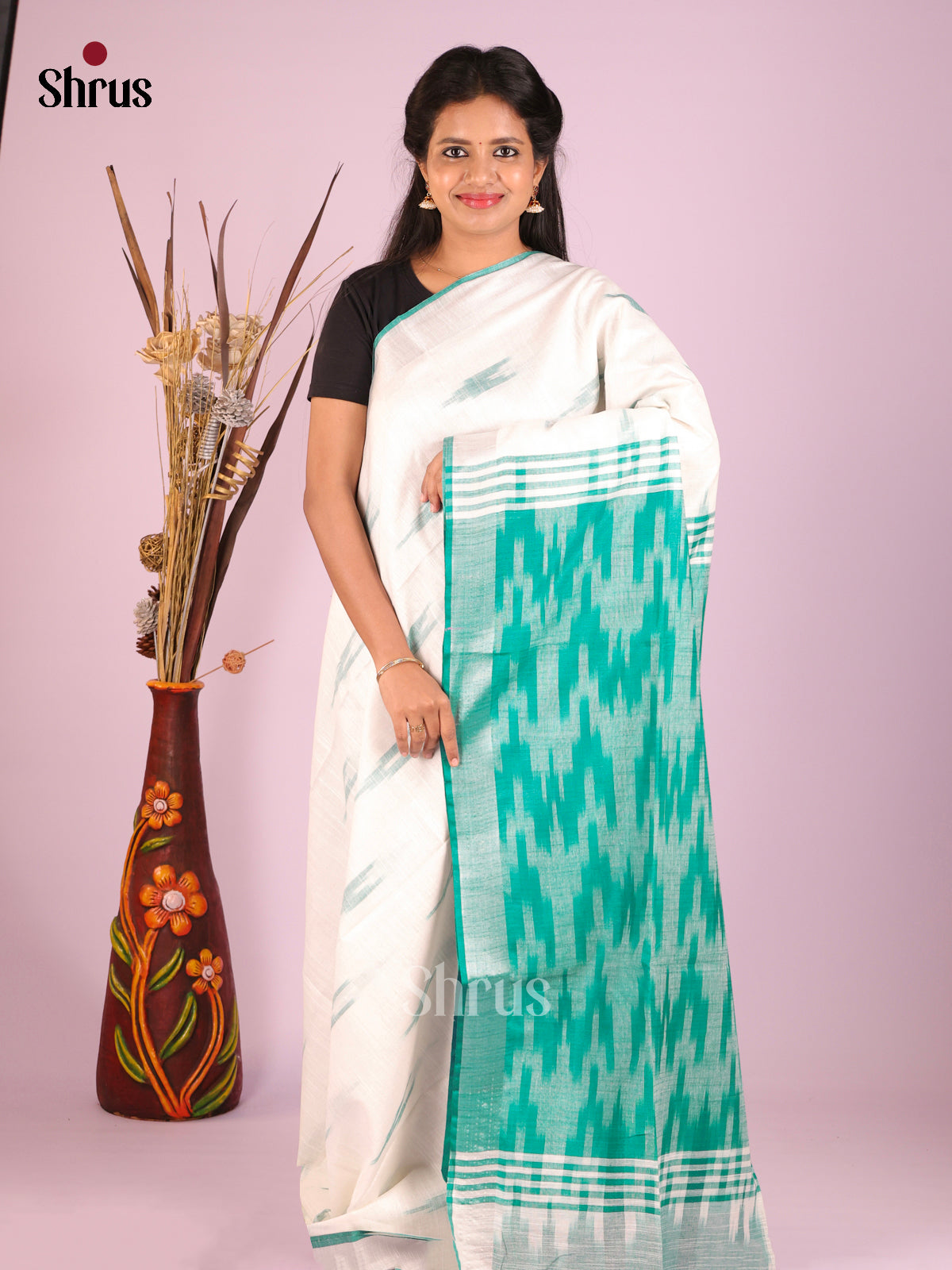 Cream & Green- Semi Ikkat Saree