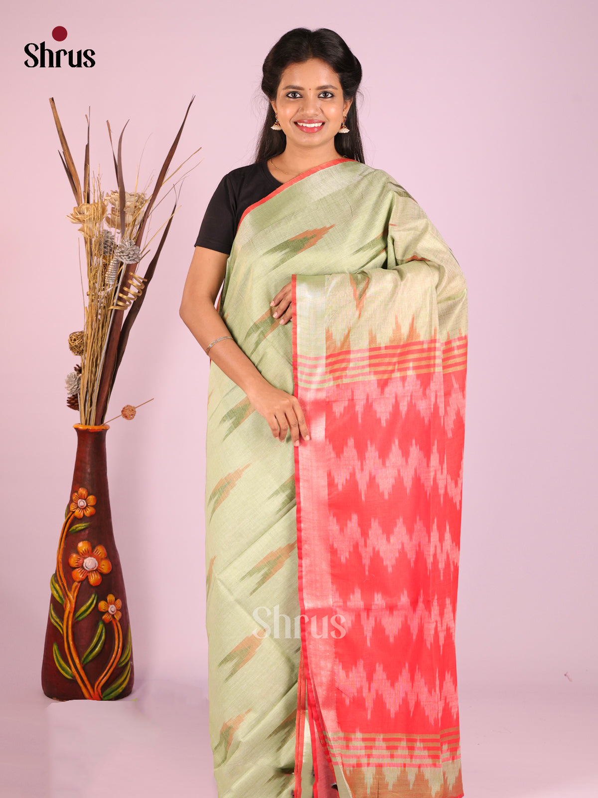 Light Green & Pink - Semi Ikkat Saree - Shop on Shrus.com