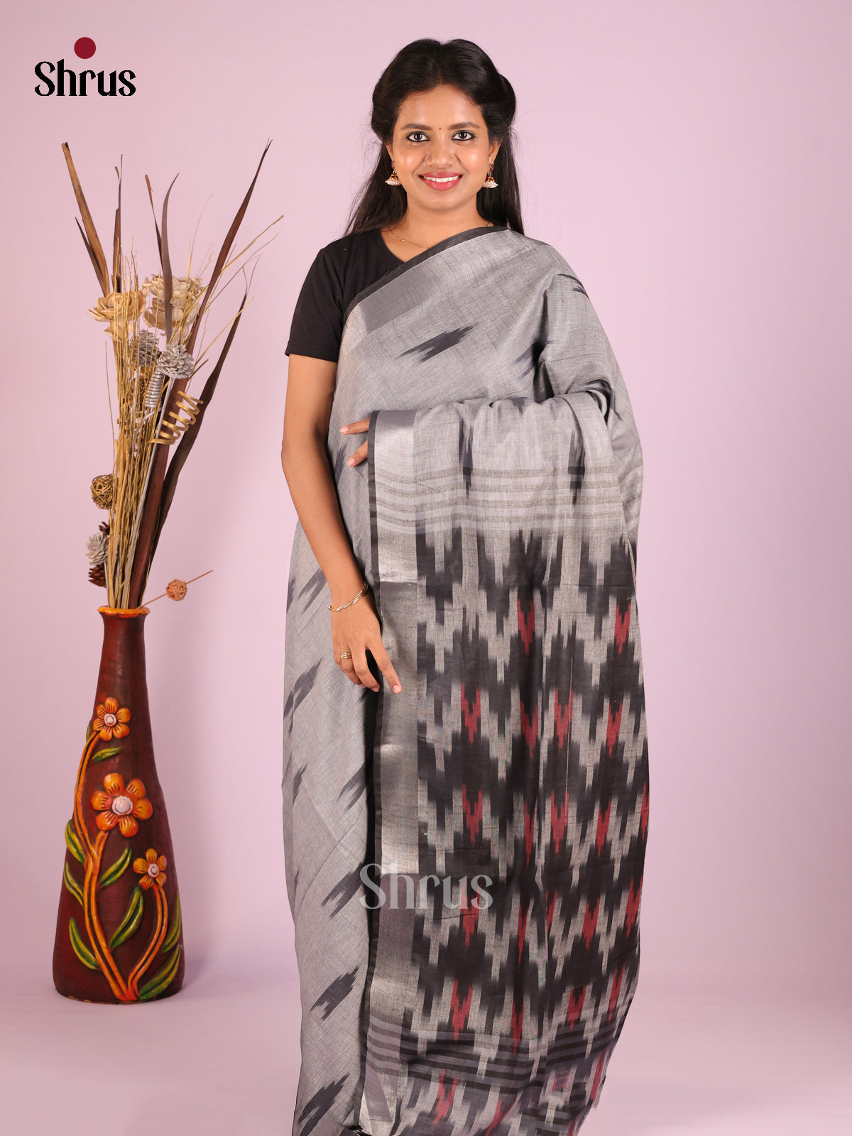 Grey & Black - Semi Ikkat Saree - Shop on Shrus.com