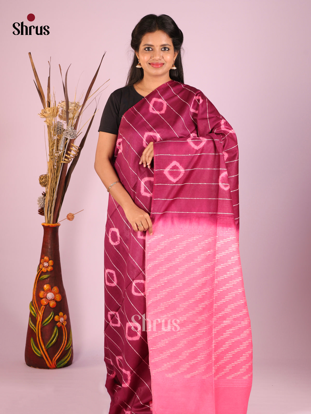 Wine & Pink - Shibori Saree - Shop on Shrus.com
