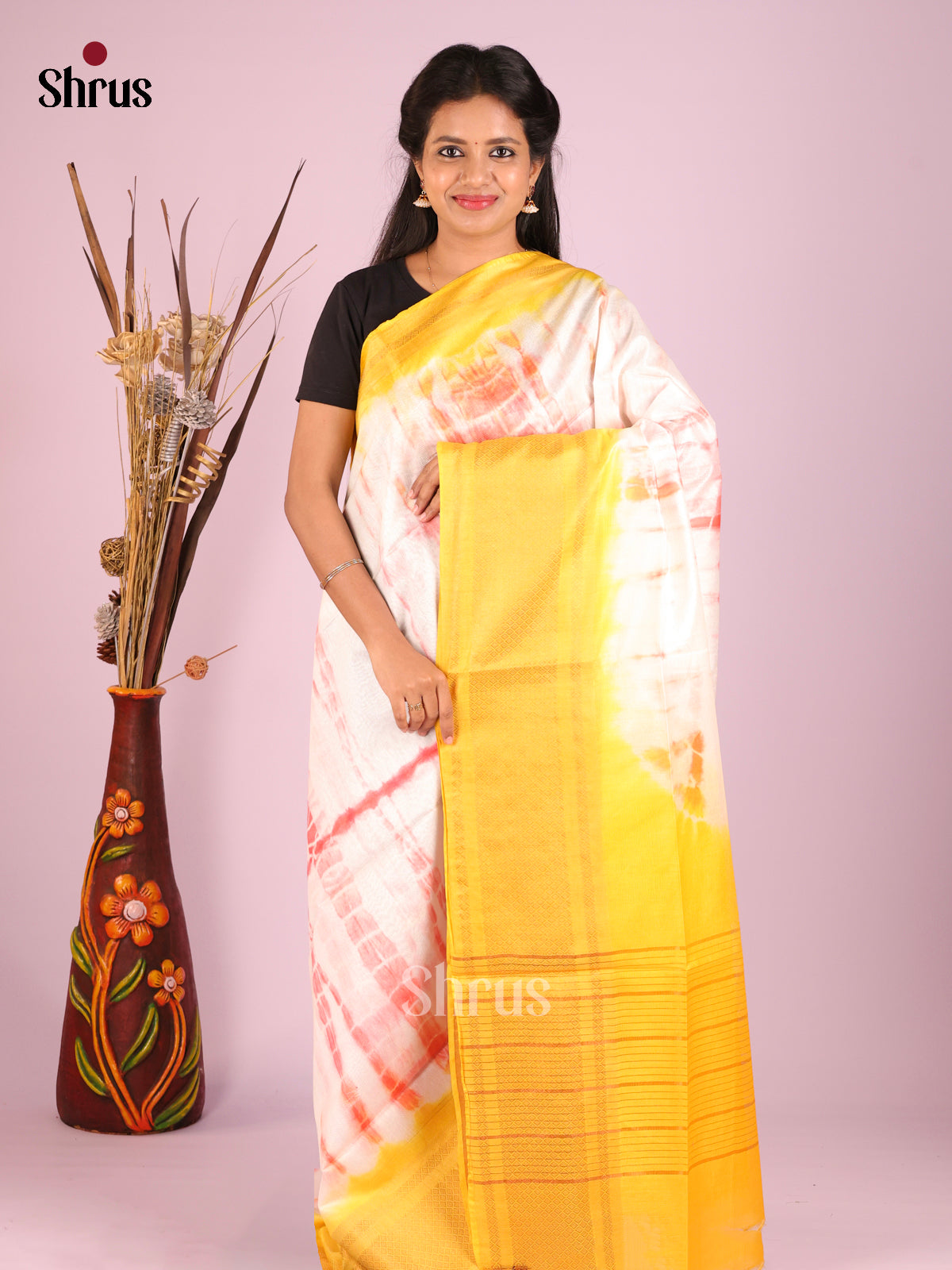 Cream & Yellow - Shibori Saree - Shop on Shrus.com