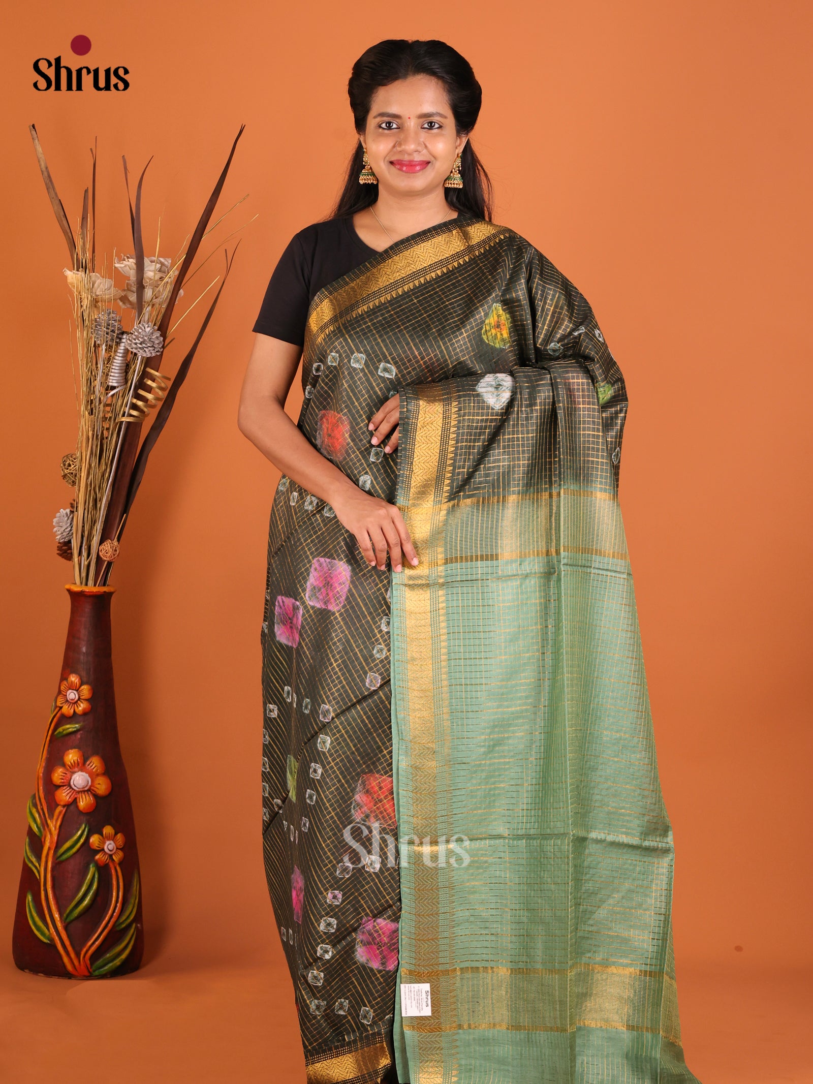 Green & Grey Green - Shibori Saree - Shop on Shrus.com