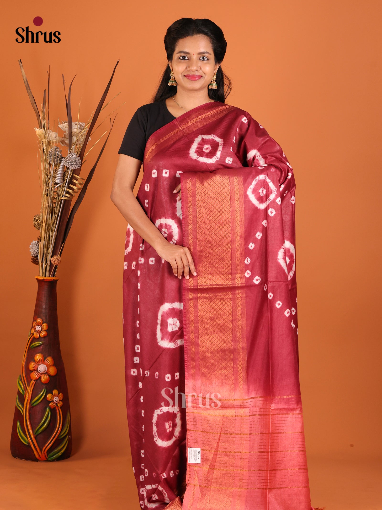 Maroon & Orangish Pink- Shibori Saree - Shop on Shrus.com