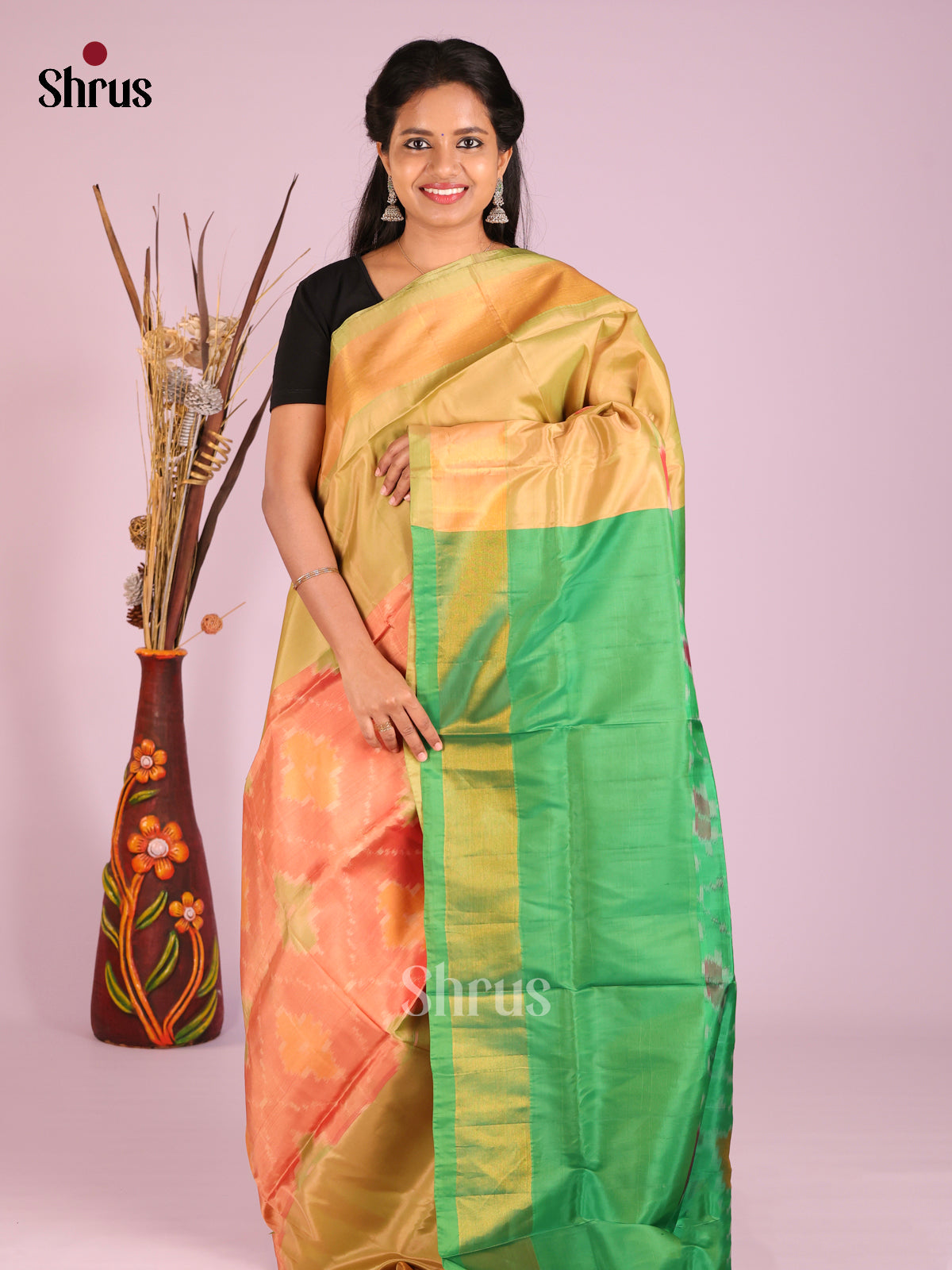 Orange & Green - Semi uppada Saree
