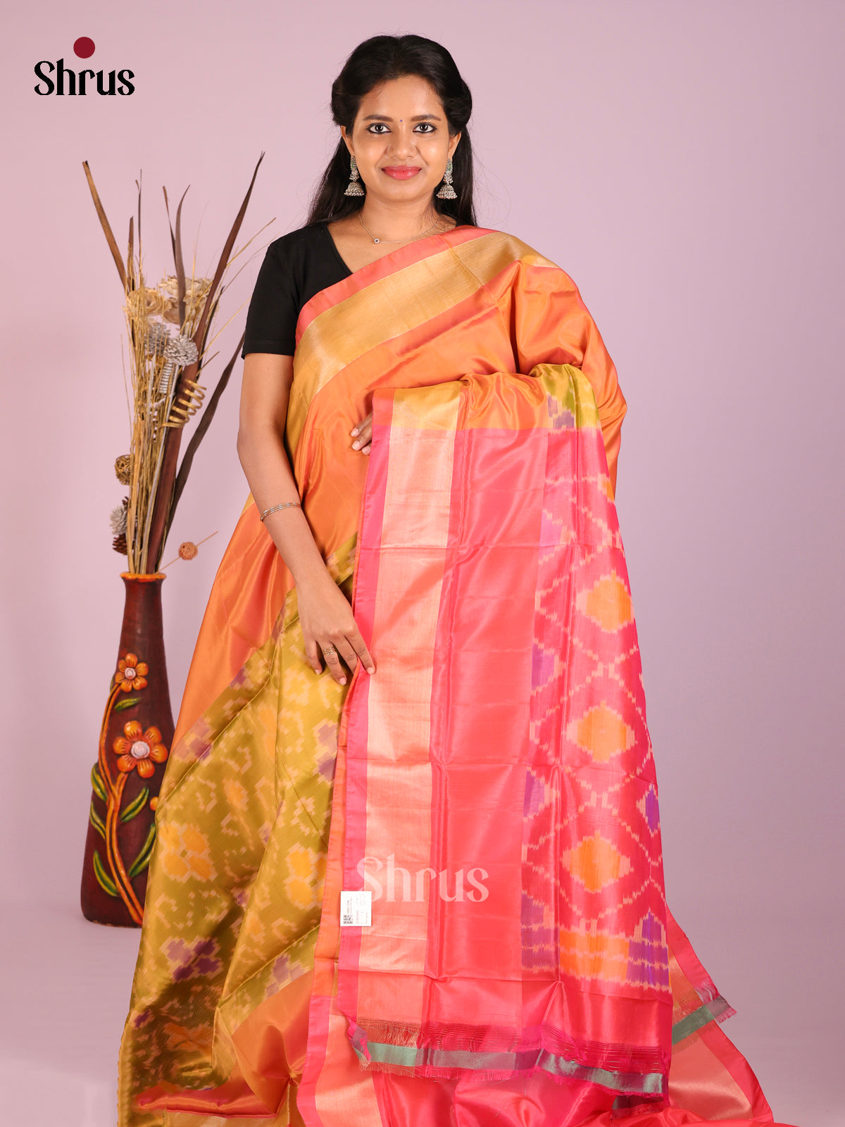 Mustardy Green & Orangish Pink - Semi uppada Saree - Shop on Shrus.com