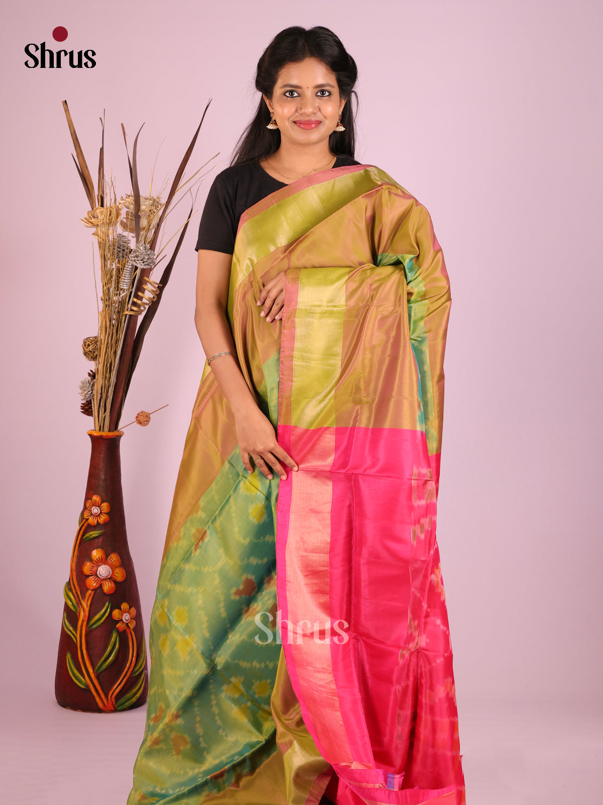 Green & Pink - Semi uppada Saree - Shop on Shrus.com